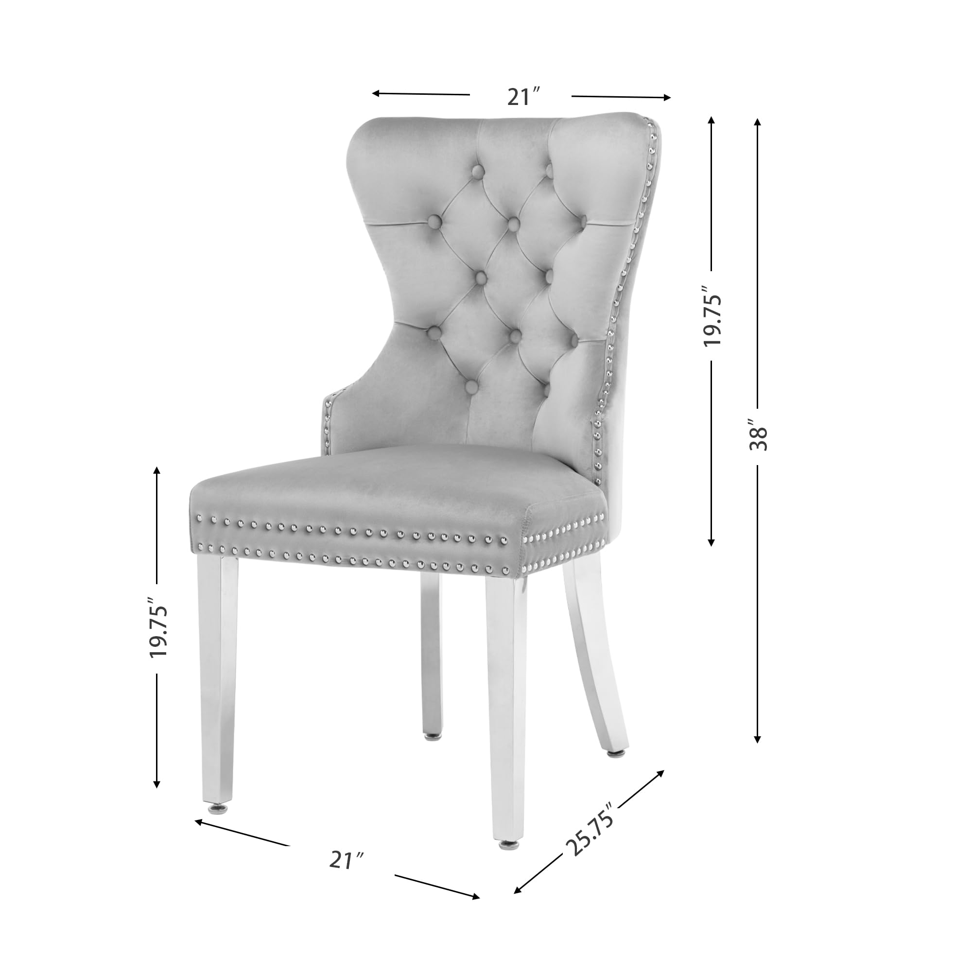 Luxury Velvet Dining Chairs Set of 2 - Tufted Upholstered Modern Dining Room Chairs with Stainless Steel Legs & Ring Pull, Grey - Perfect for Home Dining, Kitchen, Restaurant & Office Decor