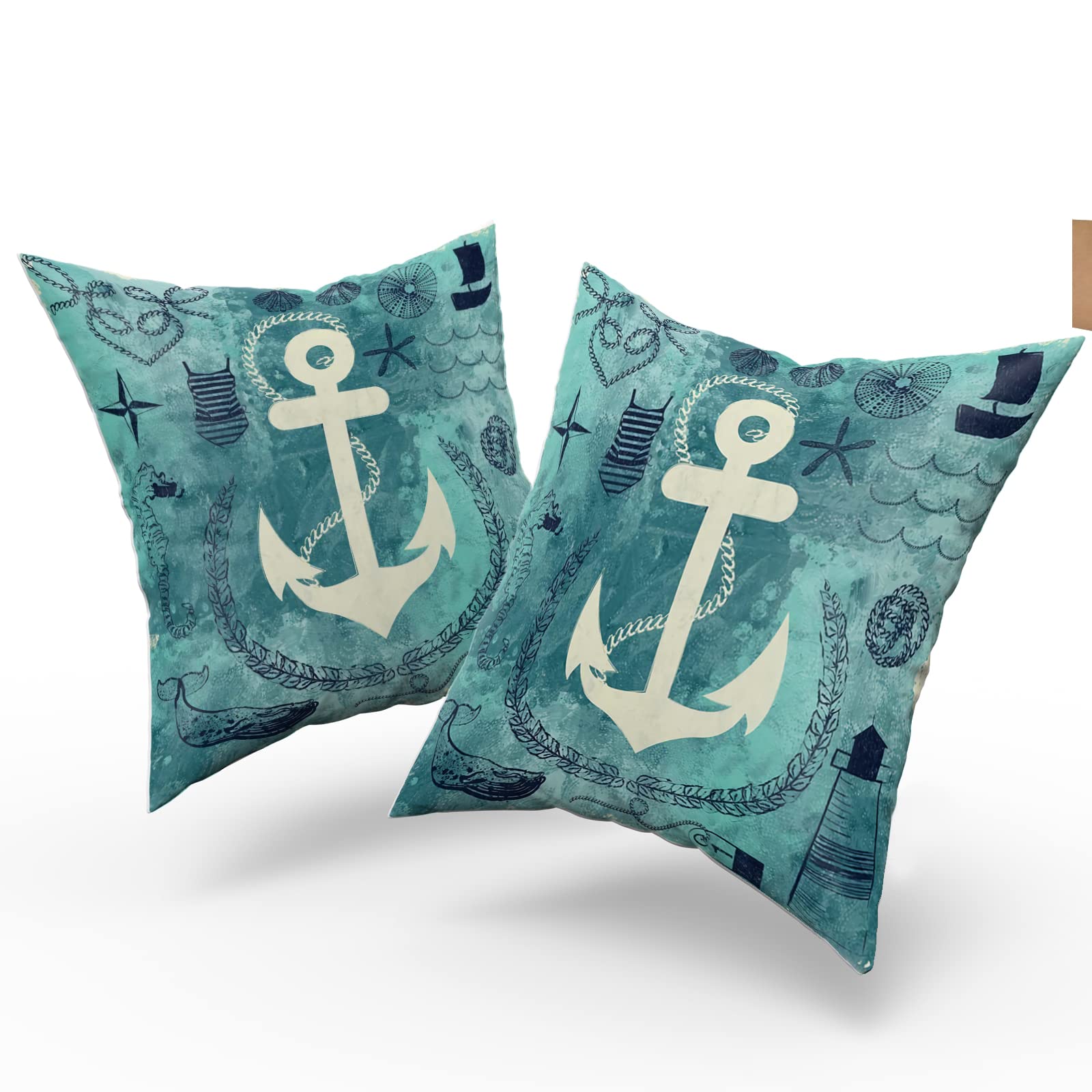 2PCS White Anchor Pillow Cases 18x18 Inch - Nautical Blue Throw Pillow Covers for Couch, Sofa, Bed - Boat Theme Decorative Cushion Covers for Bedroom, Living Room & Outdoor Use - Set of 2 Home Decor Accents
