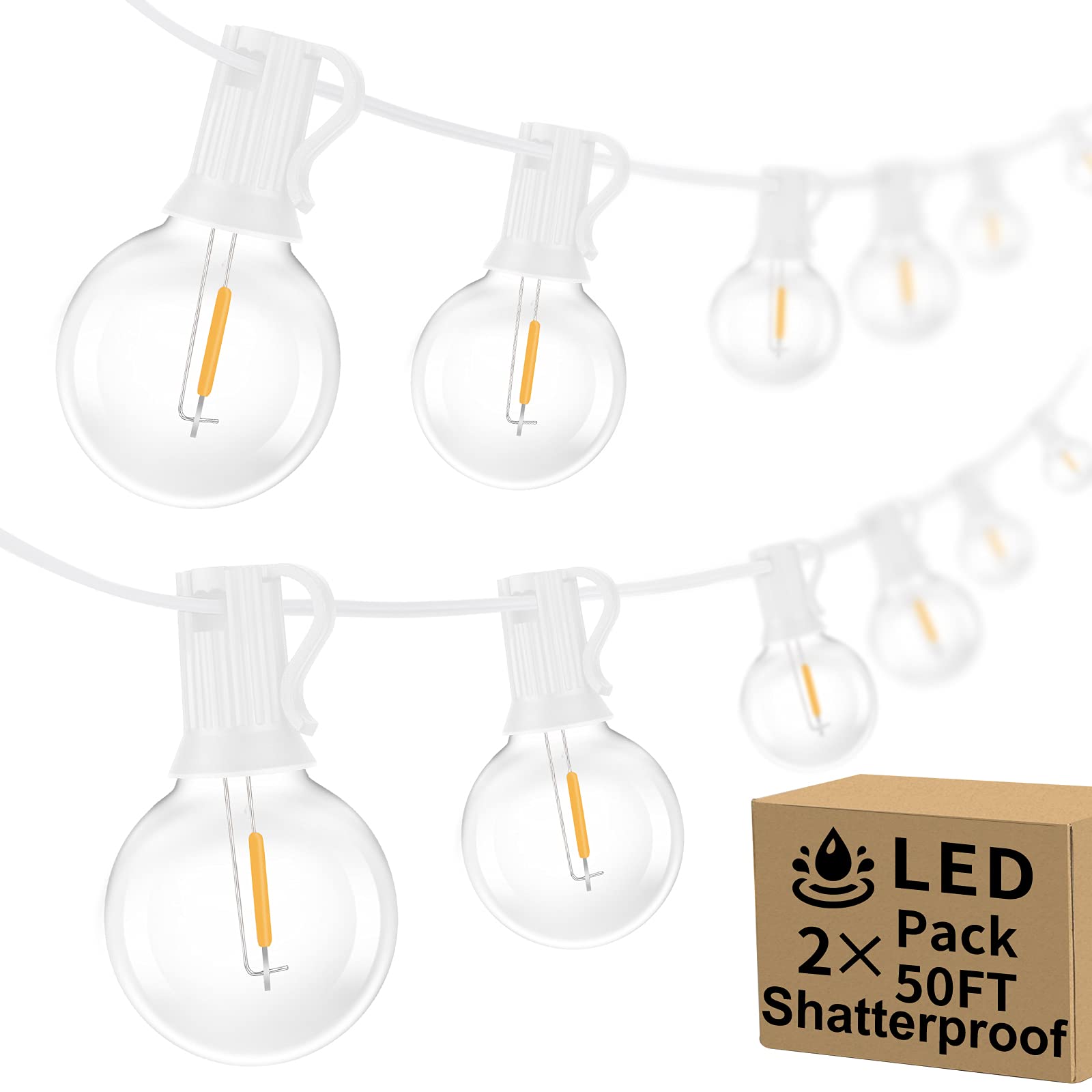 100ft 2-Pack Outdoor G40 LED Globe String Lights - Dimmable Shatterproof Waterproof Light Strings with 52 Bulbs - Connectable Commercial Hanging Lights for Patio, Balcony, Backyard, Party, Wedding & Christmas Decor (White Wire)