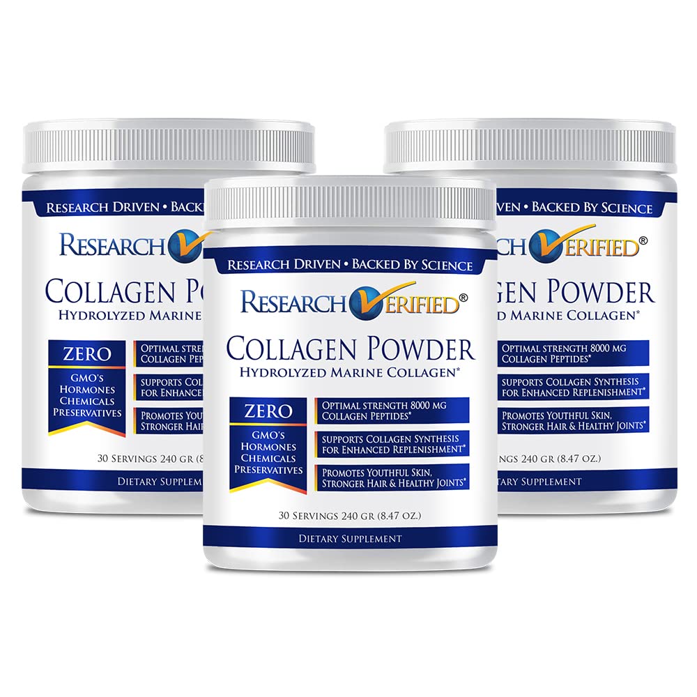 Research Verified® Hydrolyzed Marine Collagen Powder - Unflavored Collagen Supplement for Skin Hydration, Elasticity & Muscle Recovery - Non-GMO, 30 Scoops (3 Month Supply) - Perfect for Post-Workout Recovery & Anti-Aging Skincare Routine