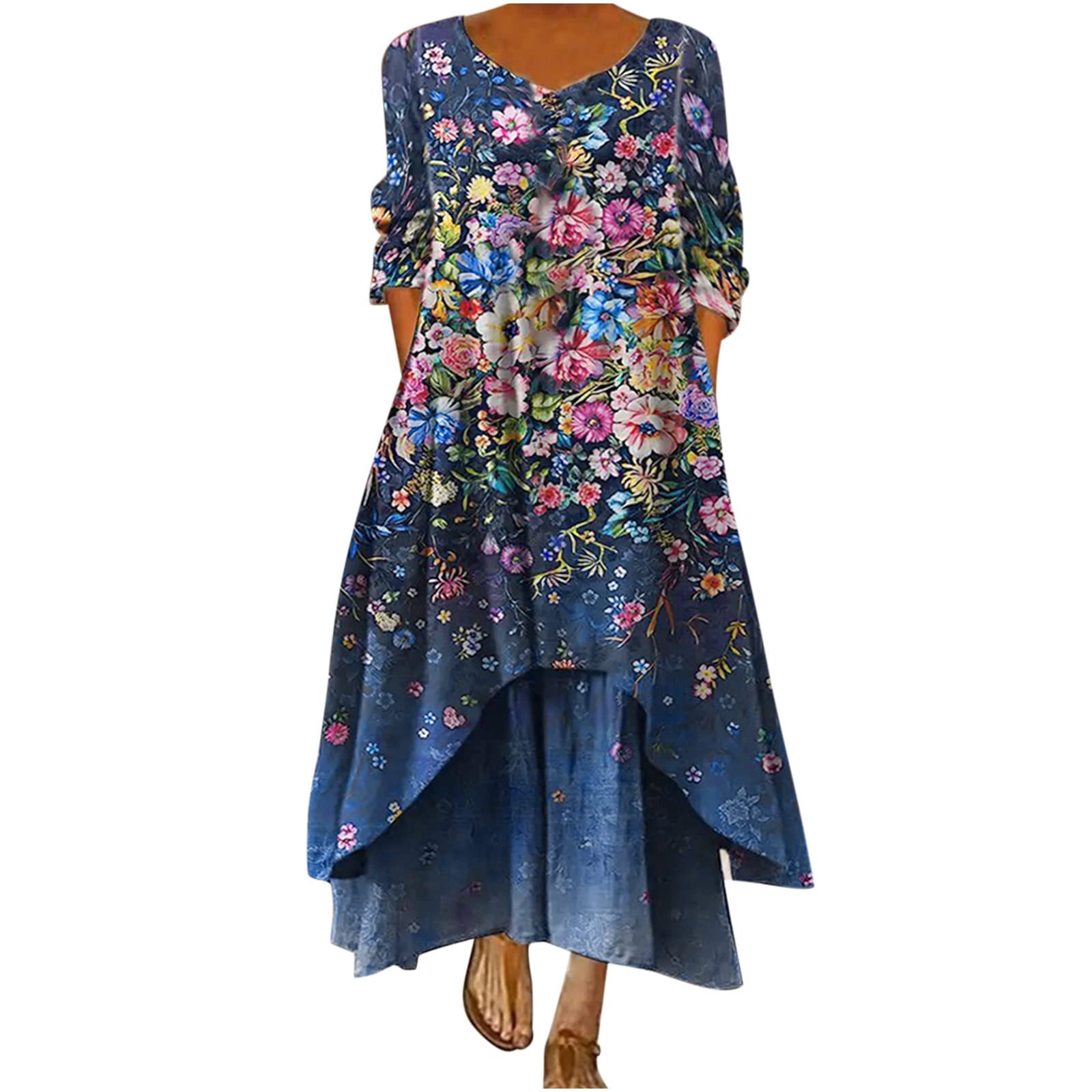 **ASNTRGD Plus Size Boho Floral Maxi Dress for Women - Casual Short Sleeve Summer Dress with Irregular Hem, Perfect for Wedding Guest & Beach Vacation**