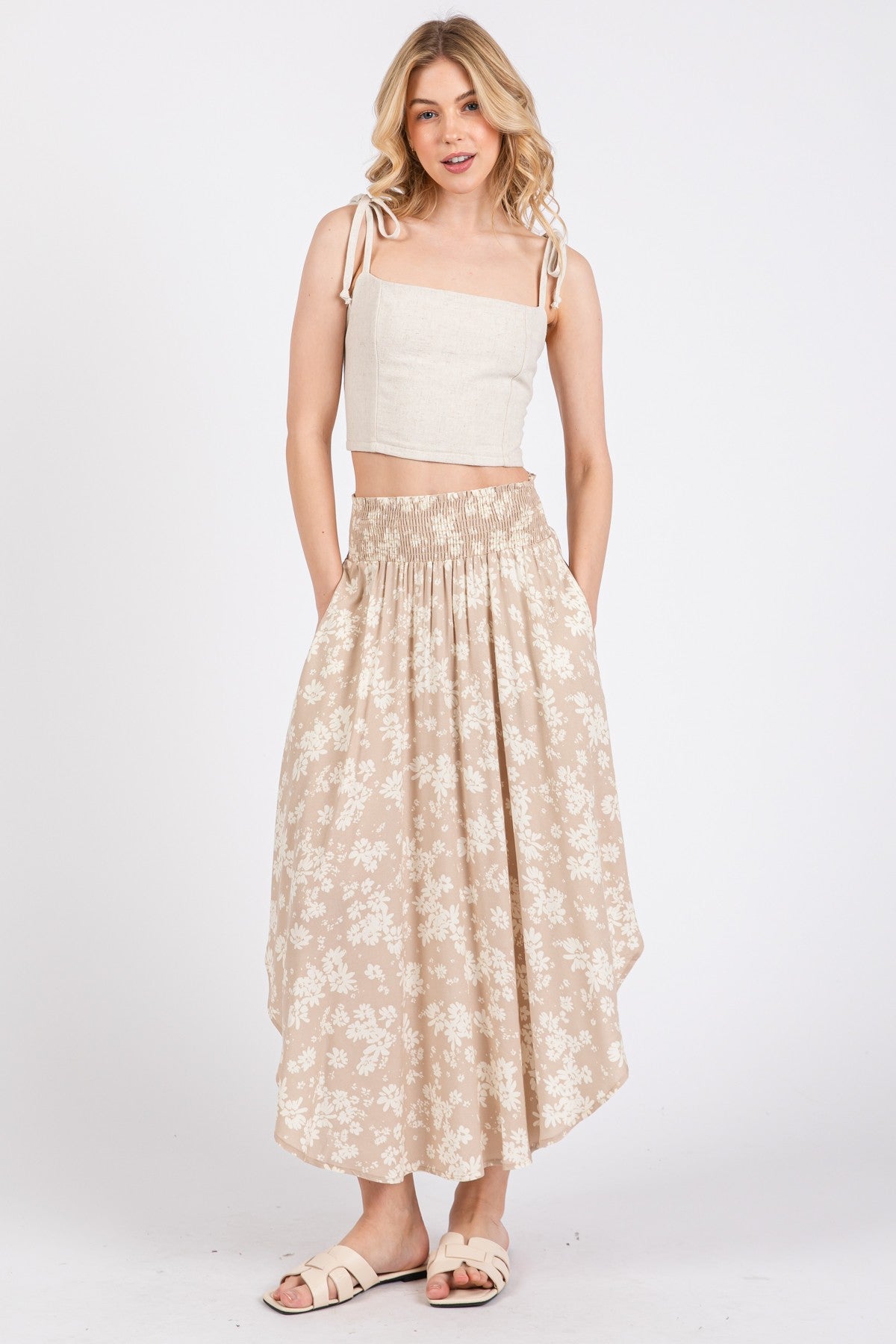 Beige Floral Smocked Waist Round Hem Maxi Skirt for Women - Boho Summer Beach Dress with Pockets | Perfect for Vacations, Weddings & Outdoor Parties