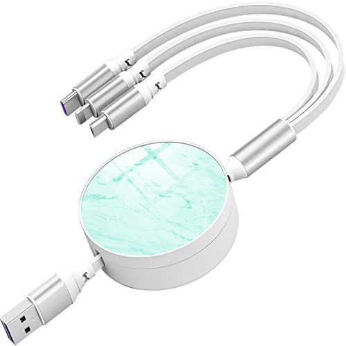 Naiadiy 66W Fast Charging Cable 3.3Ft - Retractable 3-in-1 USB C/Micro USB/Lightning Cable (6A) for iPhone 15/14/13, Samsung Galaxy, iPad - Durable Green Marble Design - Perfect for Travel, Office & Home Charging