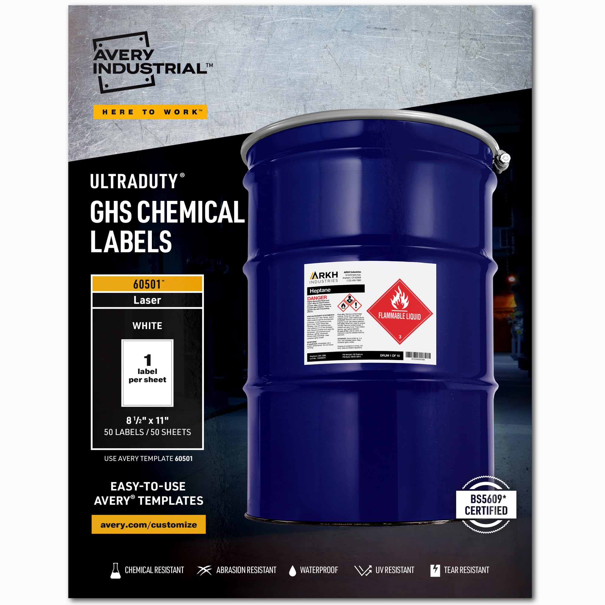 Avery UltraDuty GHS Chemical Labels for Laser Printers - Waterproof & UV Resistant - 8.5 x 11 Inches - 50 Pack (60501) - Ideal for Chemical Containers, Safety Compliance & Hazardous Material Labeling