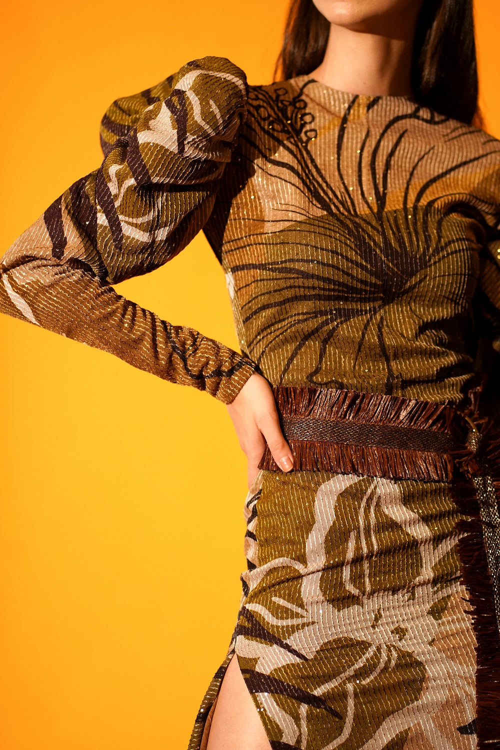 Tropical Brown Mutton Sleeve Dress with High Slit - Elegant Summer Maxi Dress for Beach Vacation, Date Night & Party Wear