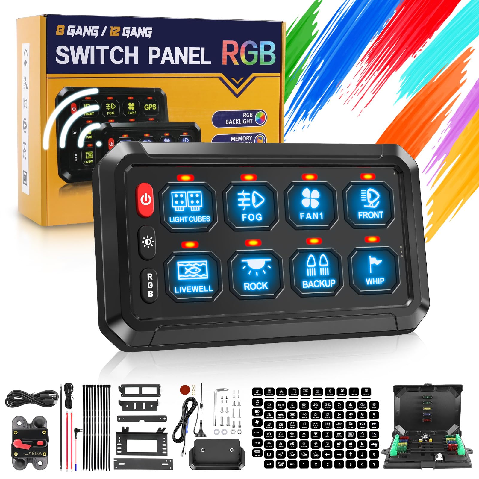 BraveWAY 8 Gang RGB Switch Panel - Waterproof 12-24V Multifunction Push Button with Momentary/Strobe/Pulse Modes for LED Light Bars & Auxiliary Lights | Perfect for Off-Road Trucks, ATVs & Marine Use | 2 Year Warranty