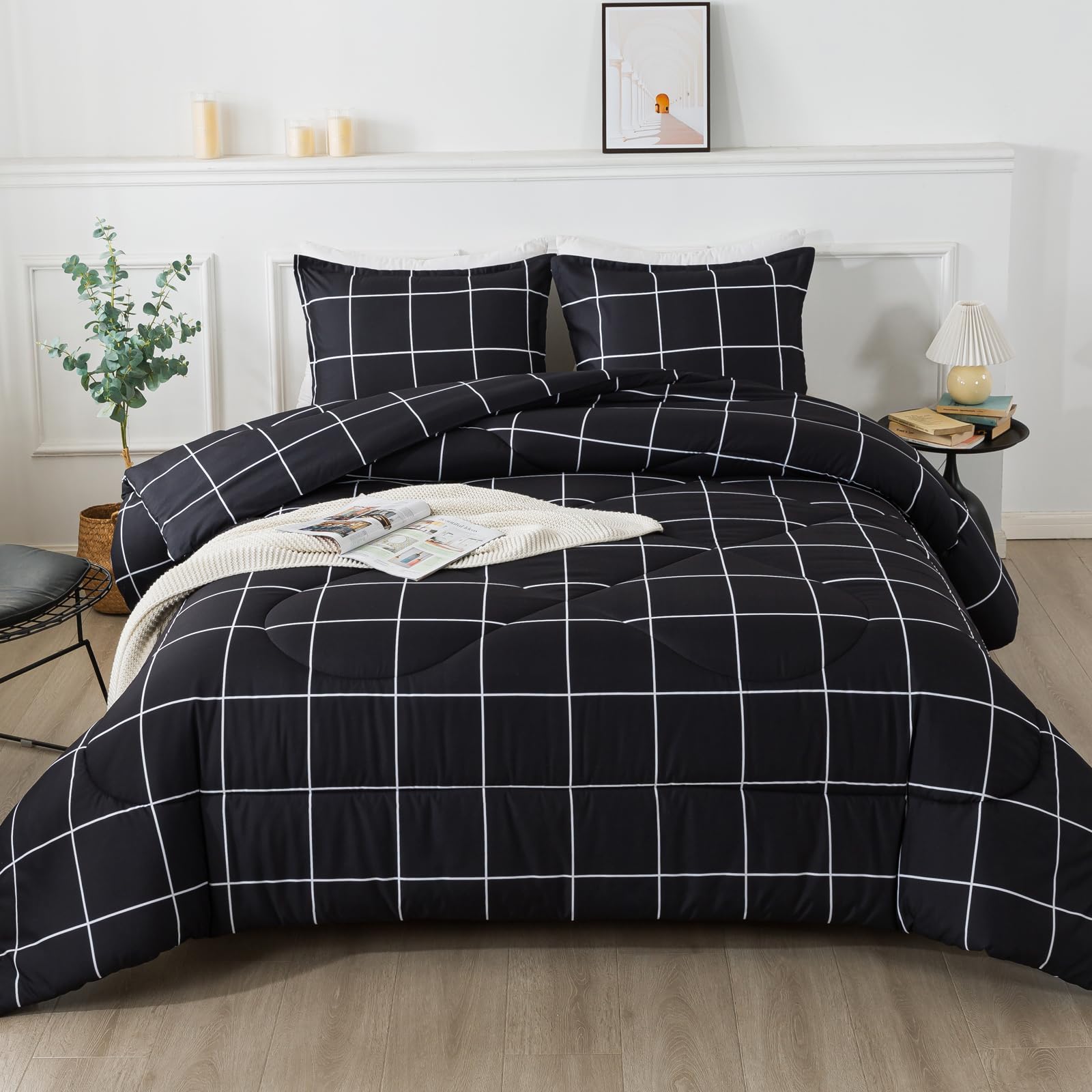 Andency Black Grid Comforter Set Queen Size (90x90 Inch) - 3 Piece Lightweight Microfiber Bedding Set with Plaid Comforter & 2 Pillowcases, Gingham Geometric Pattern for Cozy Bedroom Decor | Perfect for Guest Rooms, Dorms & Modern Home Styling