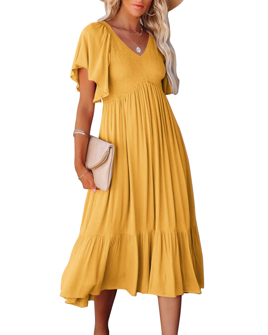Zwurew Women's Boho Summer Dress - Casual Short Sleeve Ruffle Flowy Smocked Midi Dress for Maternity | Perfect for Beach Vacations, Outdoor Weddings & Summer Parties