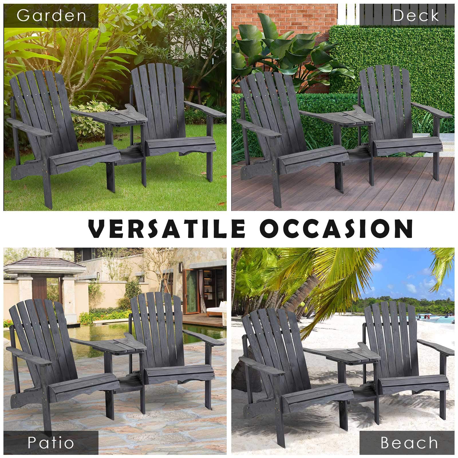 Outsunny 2-Person Wooden Adirondack Chairs Set with Fire Pit Table & Umbrella Hole - Gray Outdoor Patio Furniture for Deck, Lawn, Poolside & Backyard Relaxation