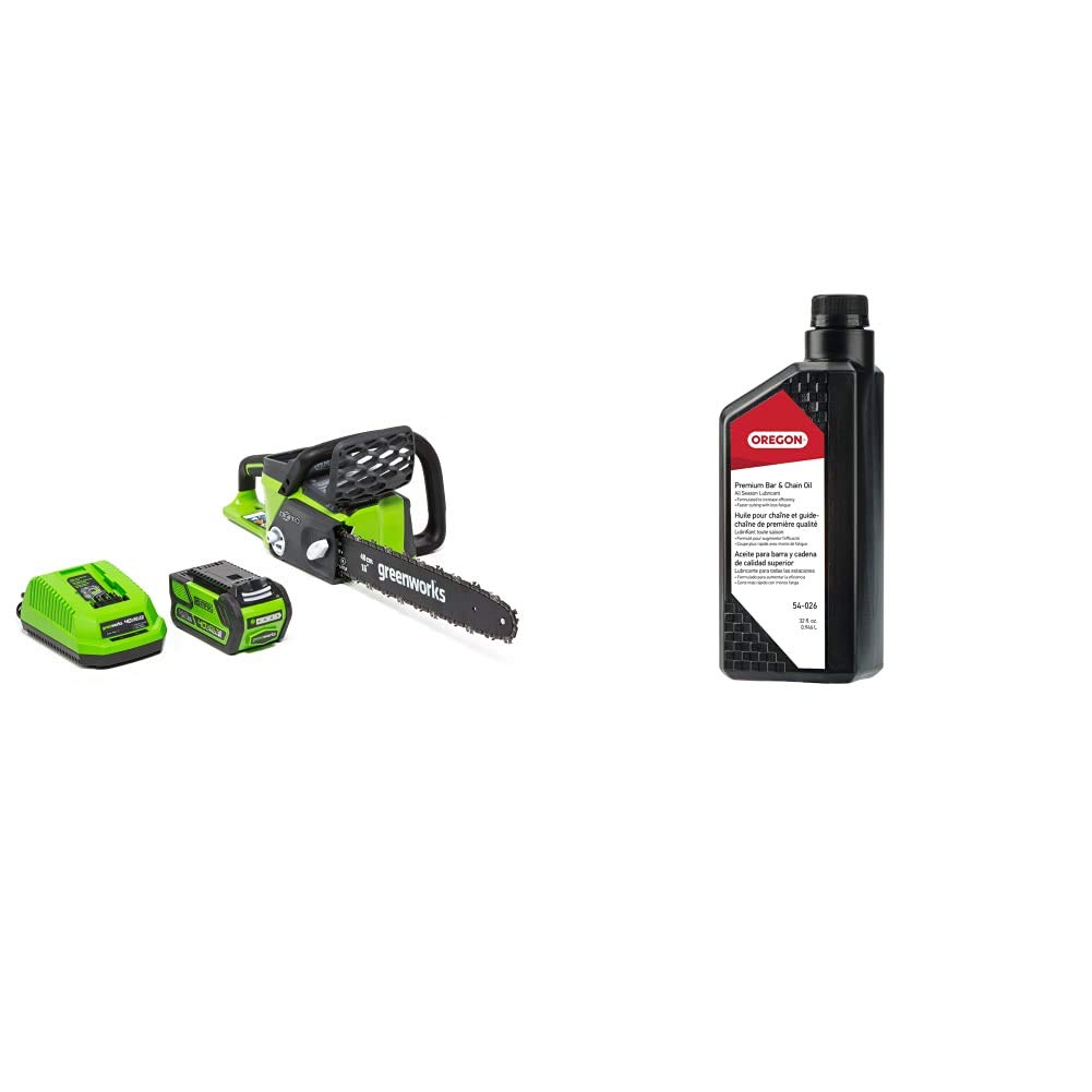 Greenworks G-MAX 40V 16-Inch Cordless Chainsaw with 4AH Battery & Charger (20312) + Oregon 54-026 Bar and Chain Oil (1 Quart) - Perfect for Tree Trimming, Firewood Cutting, and Yard Maintenance