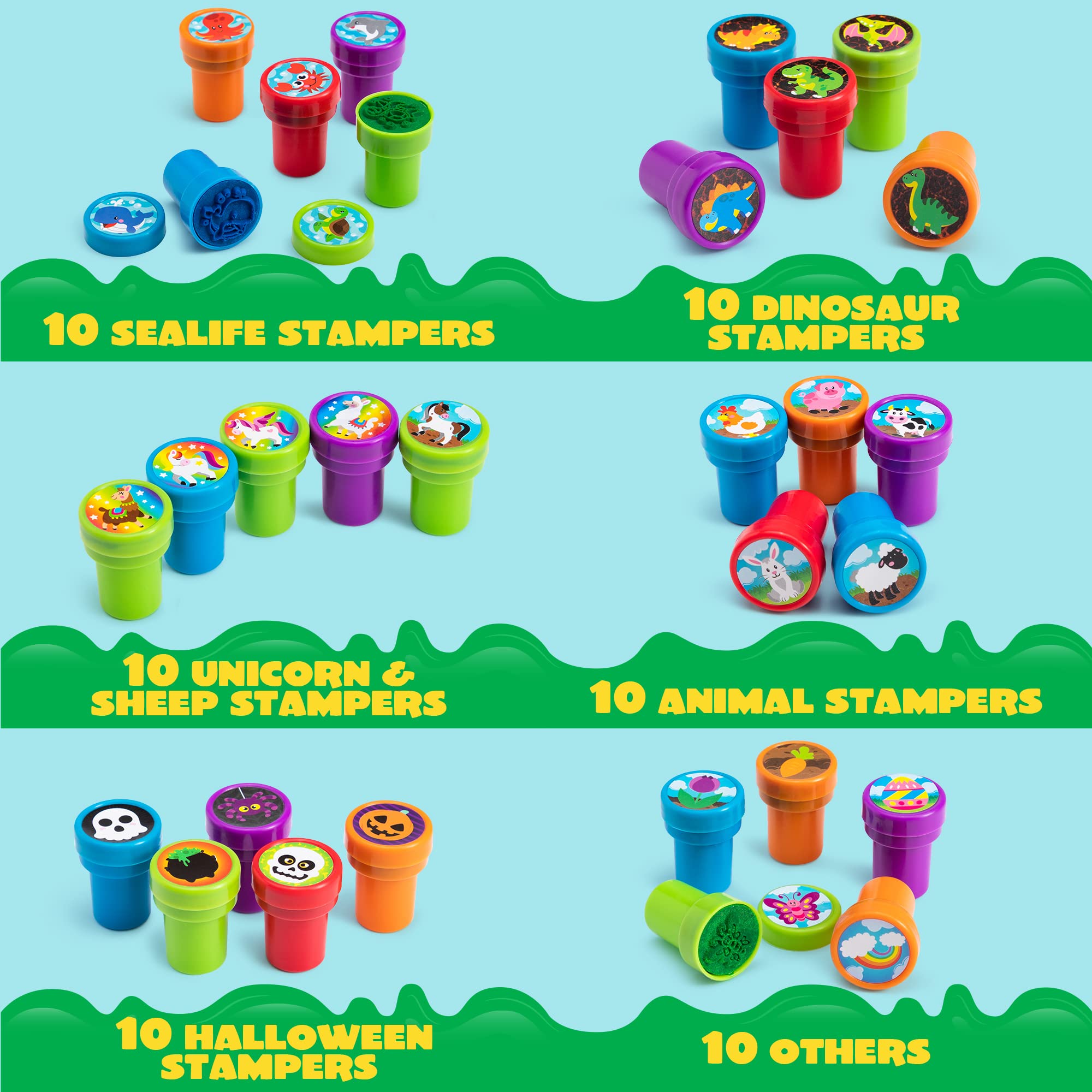 100 Pcs Assorted Self-Inking Stamps for Kids - 50 Unique Designs (Dinosaurs, Zoo Animals) - Perfect for Party Favors, Classroom Rewards, Easter Egg Fillers, Halloween & Christmas Gifts - Fun Educational Tool for Teachers & Parents
