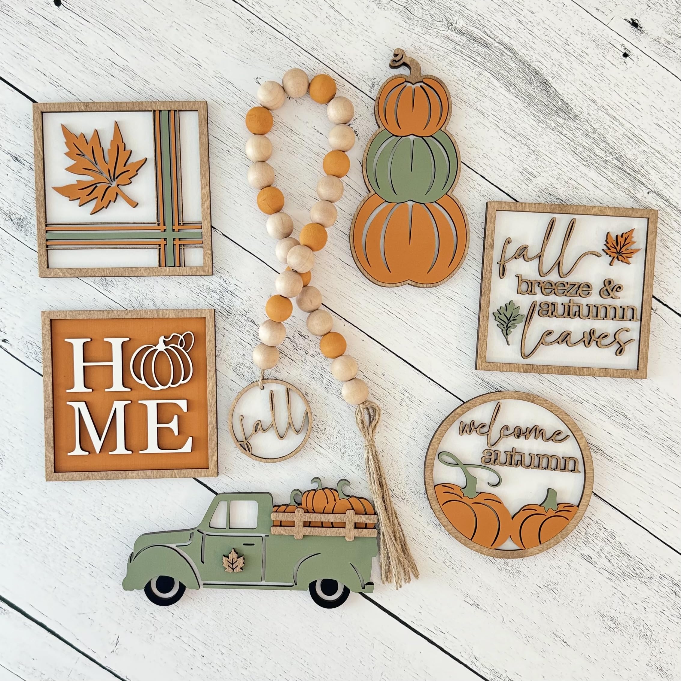 7-Piece Autumn Tiered Tray Decor Set - Fall Themed Home Decor Bundle with Pumpkin, Leaves & Acorn Designs for Thanksgiving, Halloween, and Seasonal Table Centerpieces | Perfect for Coffee Tables, Kitchen Countertops, and Entryway Displays