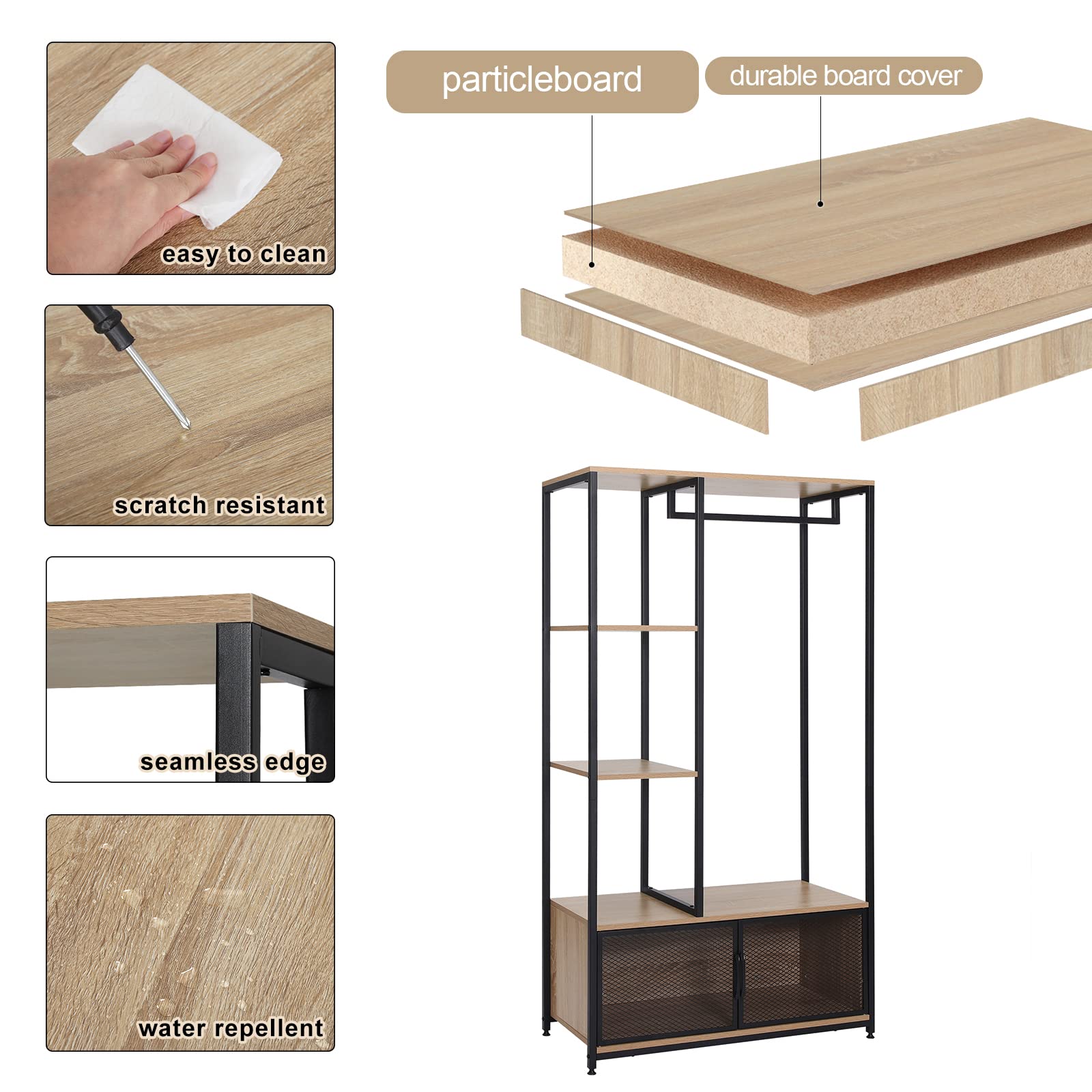 WOLTU Wooden and Metal Standing Coat Rack with Side Shelves and Storage Cabinet - Light Oak Finish | Perfect for Bedroom, Closet, Entryway, and Office Organization