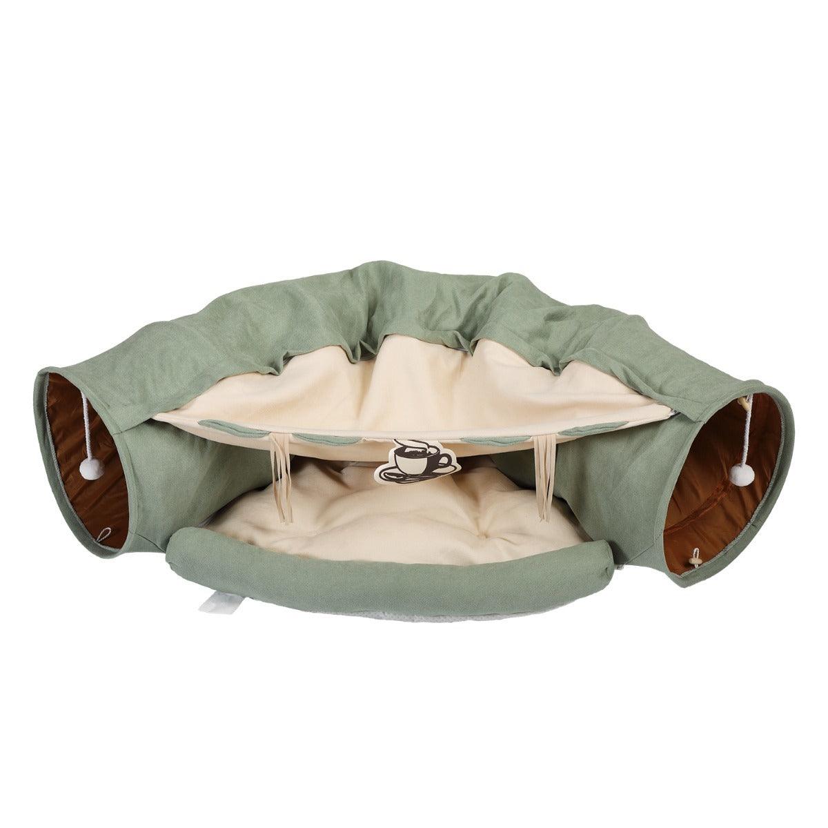Expandable Cat Tunnel with Cushioned Pet Bed & Teaser Balls - Interactive Play & Nap Space for Indoor Cats - Bright Green Zippered Feline Toy & Resting Zone