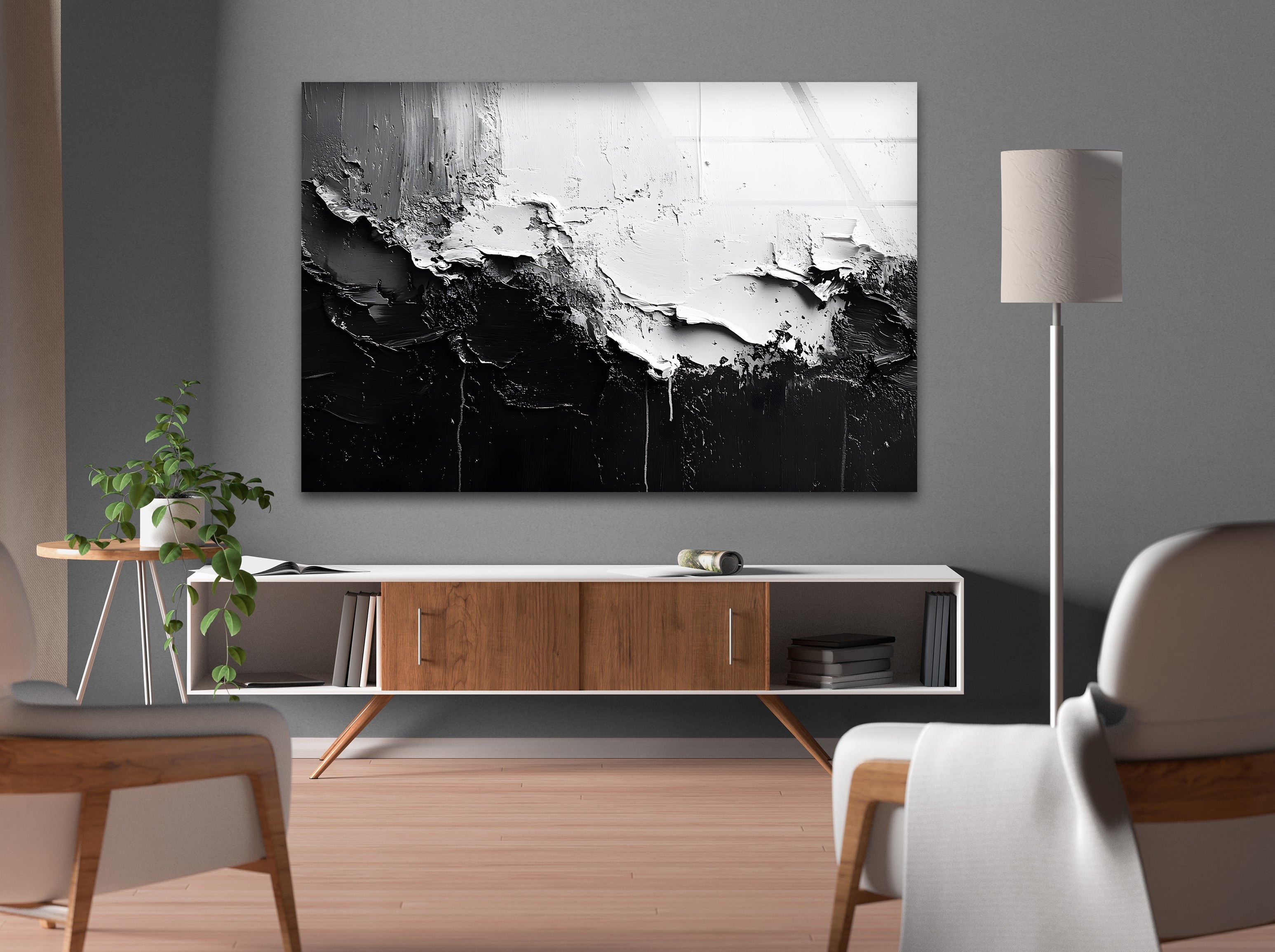 Abstract Black and White Glass Wall Art - Modern Home Decor for Living Room, Bedroom & Office - Elegant Contemporary Wall Hanging for Stylish Interior Design
