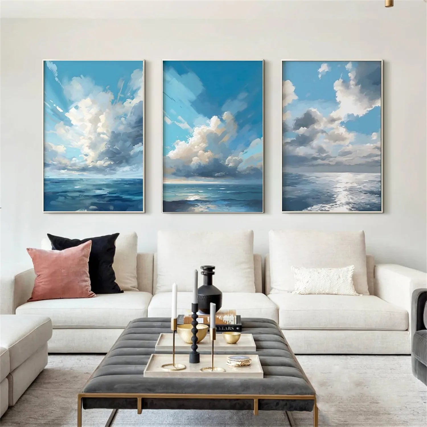 Ocean and Sky Painting Set of 3 - Coastal Wall Art for Living Room, Bedroom & Office Decor | Modern Abstract Seascape Canvas Prints (OS 214)