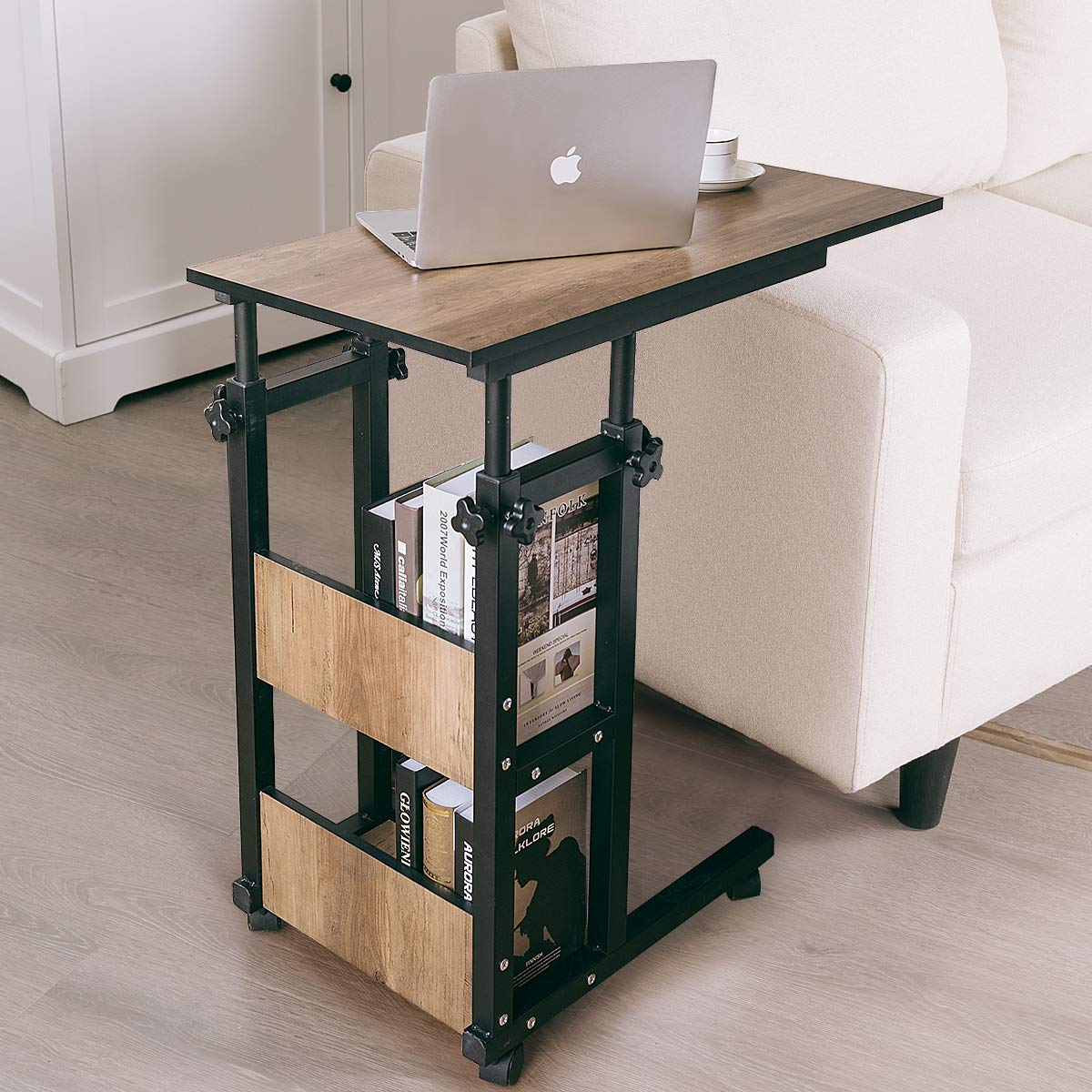 Tangkula Rolling Height Adjustable C-Shaped End Table - Mobile Sofa Side Table with Storage Shelves, Wood Look Accent Furniture for Living Room, Bedroom - Perfect for Coffee, Laptop, Tablet & Snacks While Relaxing on Couch or Bed