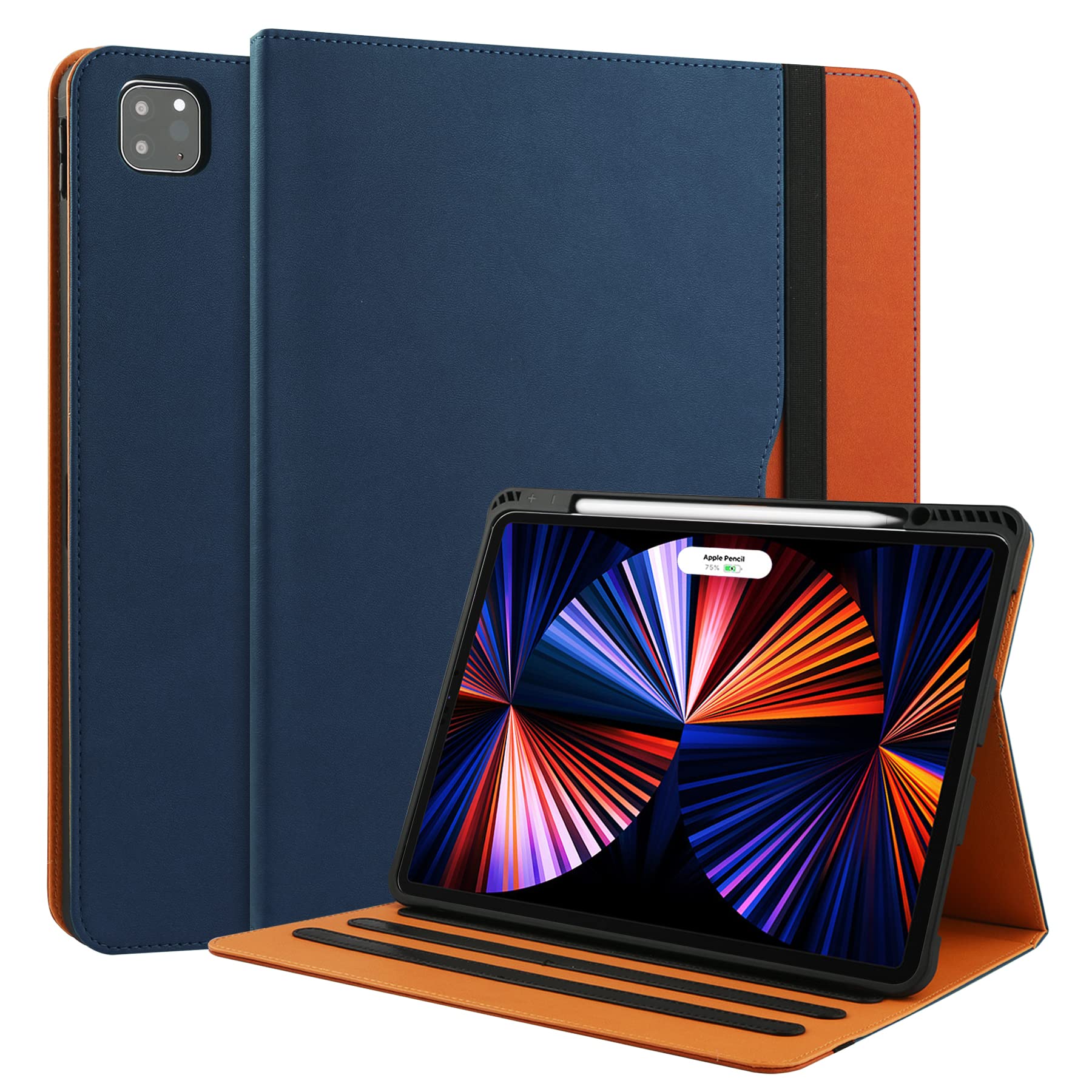 Premium iPad Pro 12.9 Case (2022/2021/2020/2018 Models) - 6th/5th/4th/3rd Gen Protective Cover with Pencil Holder, Multi-Angle Folio Stand & Auto Sleep/Wake | Navy Blue & Brown Options | Perfect for Work, Travel & Home Use
