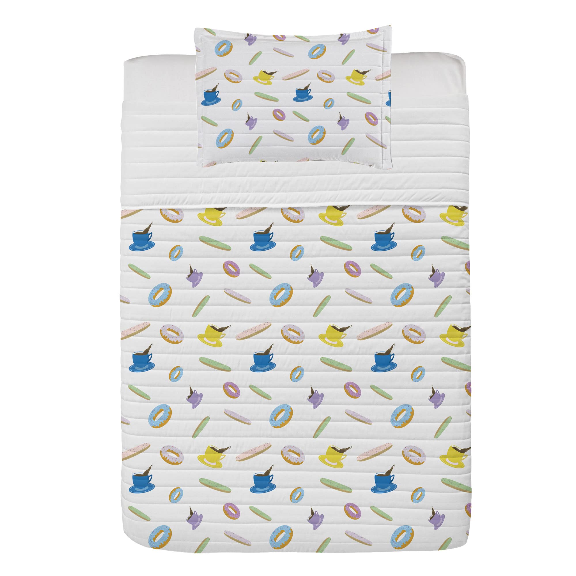 Ambesonne Dessert Themed Microfiber Bedspread Set - 5 O'Clock Coffee & Donut Pastry Design - Soft Twin Size Bedding with Pillow Sham & Comforter in White, Cobalt Blue & Mustard - Perfect for Sweet Dreams & Cozy Breakfast-In-Bed Mornings