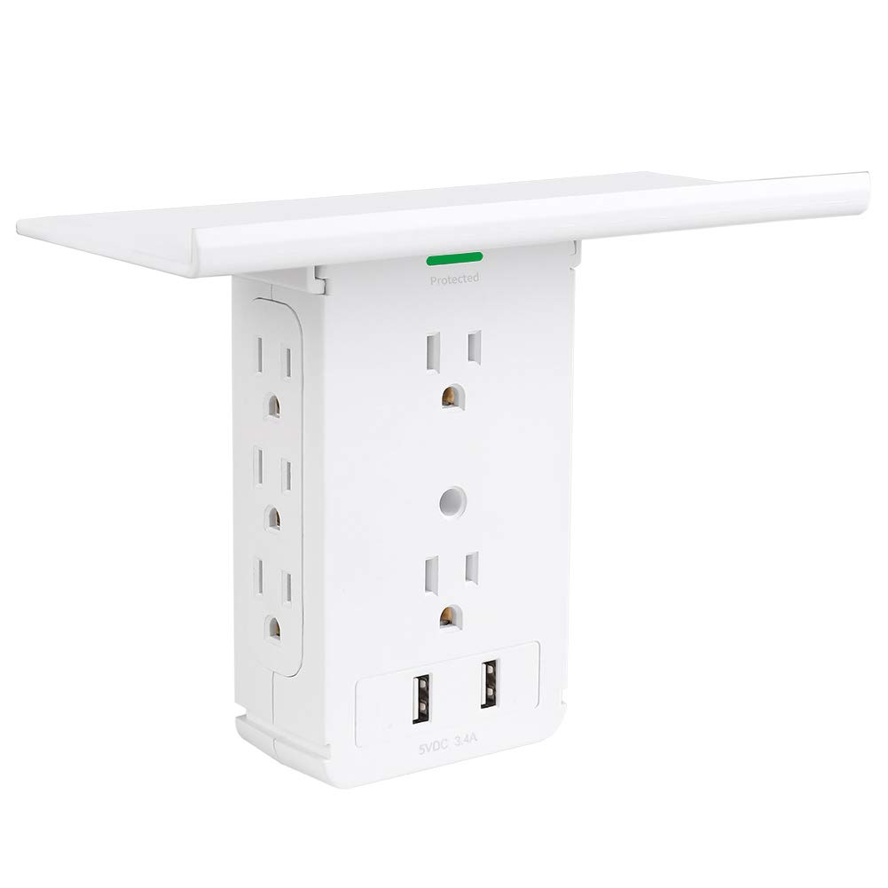 10-Outlet Wall Shelf Surge Protector with 8 AC Outlets & 2 USB Ports (2.4A) - Built-in Removable Shelf, FCC Certified - Perfect for Home Office, Bedroom, and Kitchen Organization