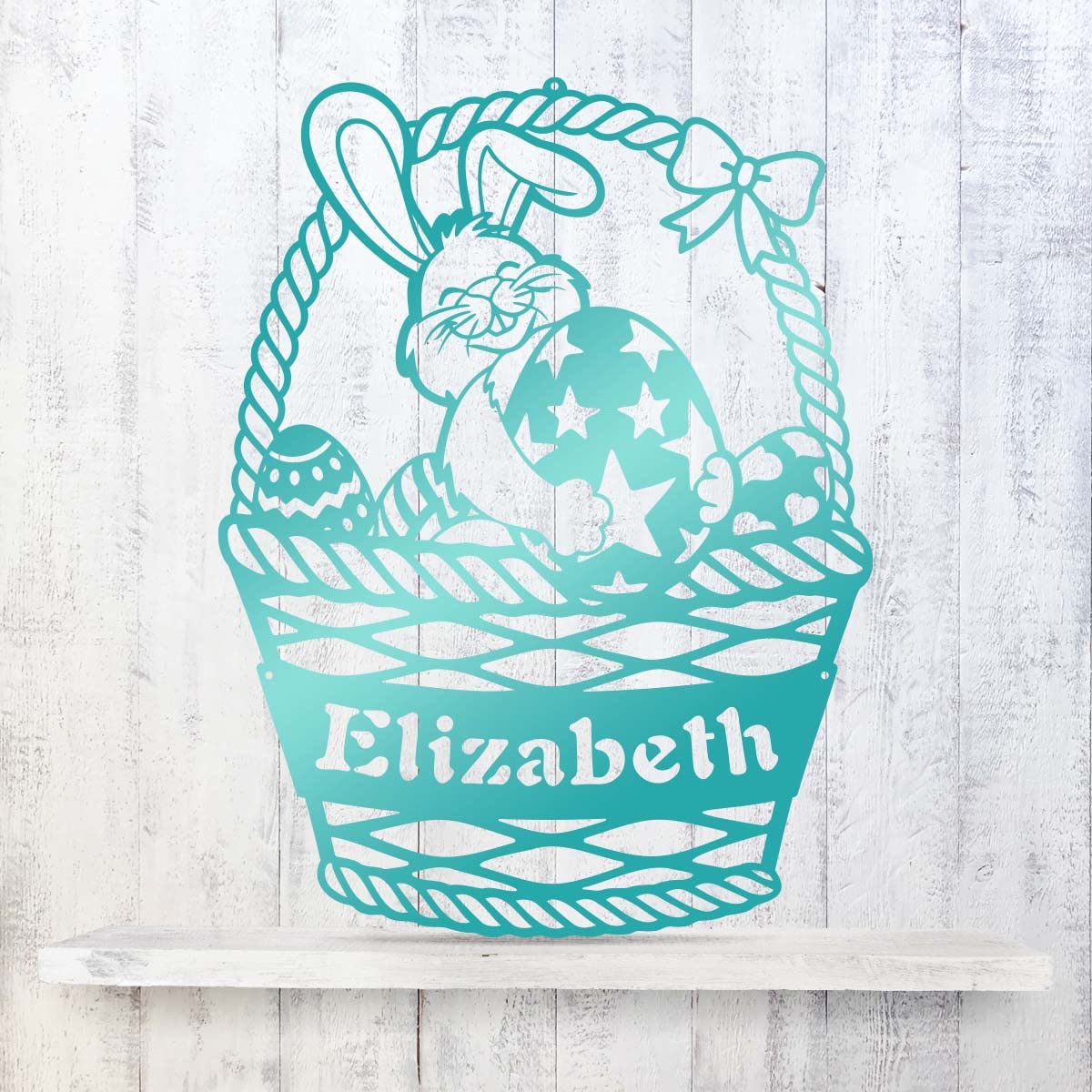 RealSteel Easter Bunny Monogram Wall Art - Customizable Spring Home Decor with Personalized Rabbit & Egg Basket - Cute Colorful Bedroom Decor (30x23 Inch, Turquoise) - Perfect for Easter Gifts, Nursery Decor & Spring Wall Decoration