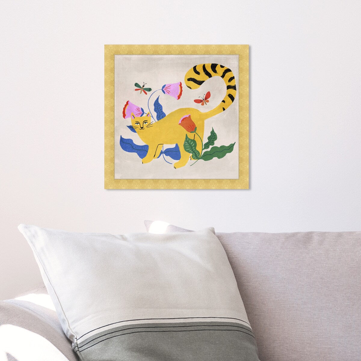 Blonde Tabby Floral Kitten Butterfly Garden Modern Yellow Framed Wall Art Print - Perfect for Bedroom, Nursery & Home Decor
