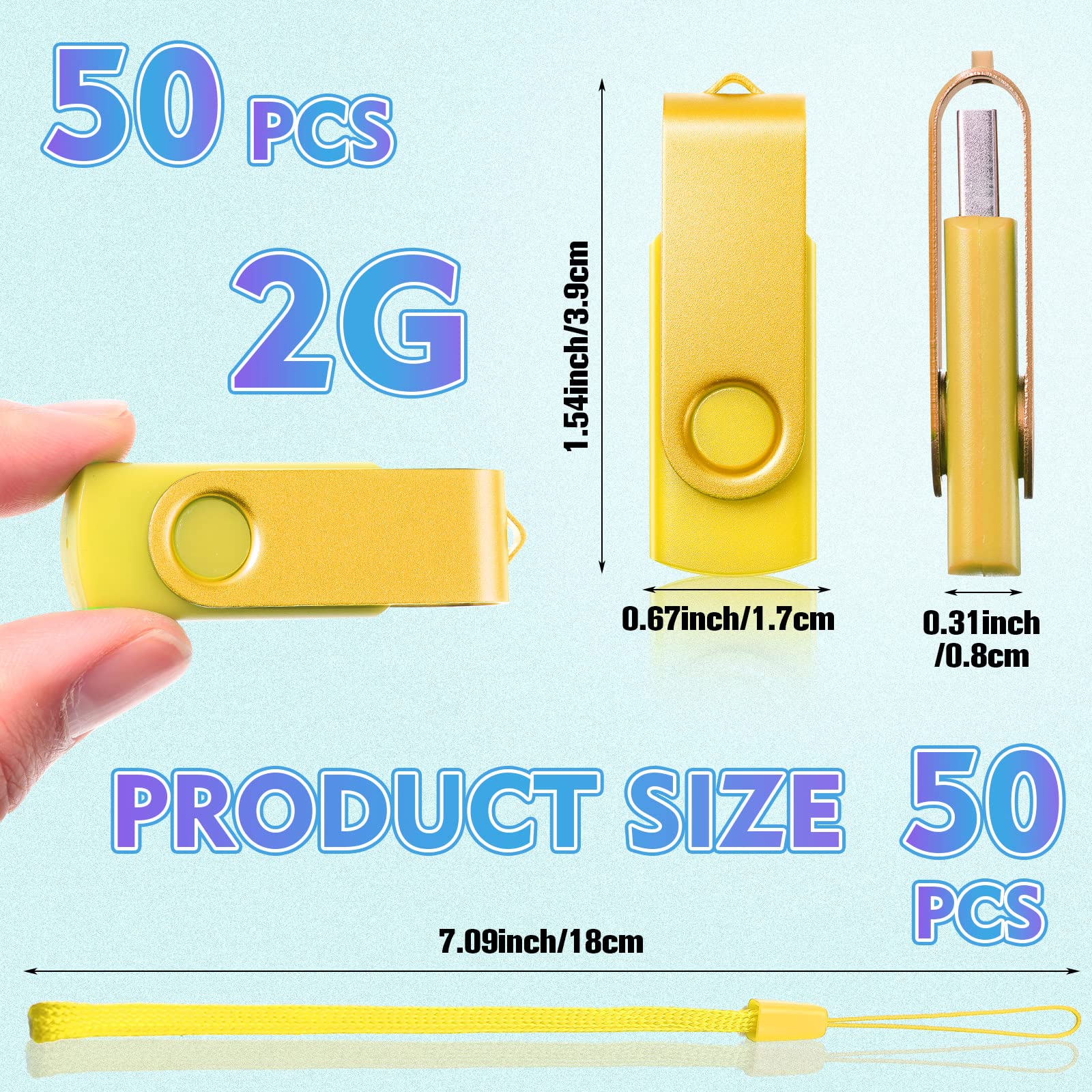 Xuhal 50-Pack 2GB USB Flash Drives with Lanyards - Mixed Colors for Office & School Storage