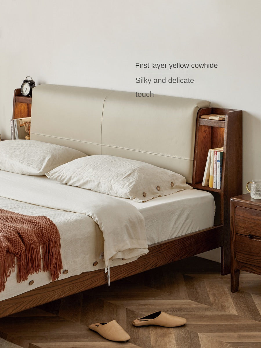 Solid Oak Wood Luminous Bed with Shelf - Genuine Leather & Technical Fabric Headboard - Modern Bedroom Furniture for Master Bedroom, Guest Room, or Dorm