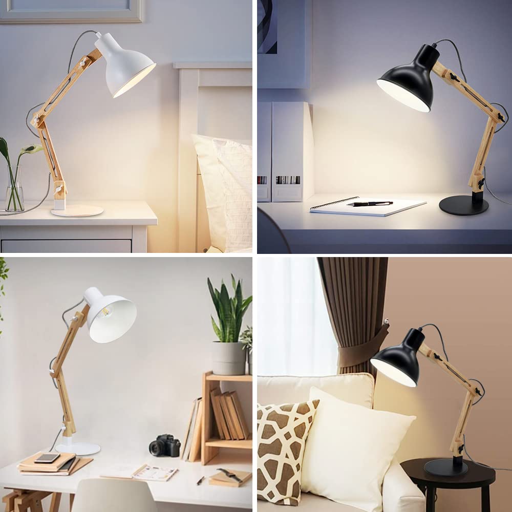 Modern Swing Arm Desk Lamp with Adjustable Wood Gooseneck - Architect Table Light for Home Office, Study, Bedroom & College Dorm - Includes E26 Bulb & Black Metal Shade - Perfect for Reading, Working & Nightstand Lighting