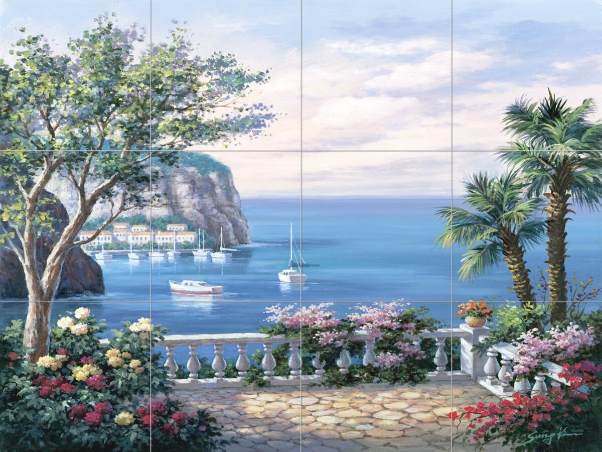 Coastal Del Sol Ceramic Backsplash Tile Mural - Water View Landscape Design for Kitchen, Bathroom & Shower - Waterproof & Durable - Perfect for Beach House, Spa or Coastal-Themed Decor