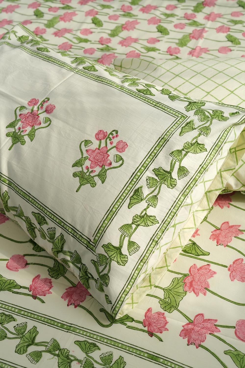 Serene Lotus Garden Hand Block Printed Cotton Percale Bedsheet Set | 100% Organic Cotton Luxury Bedding | Perfect for Boho Chic & Zen Bedroom Decor