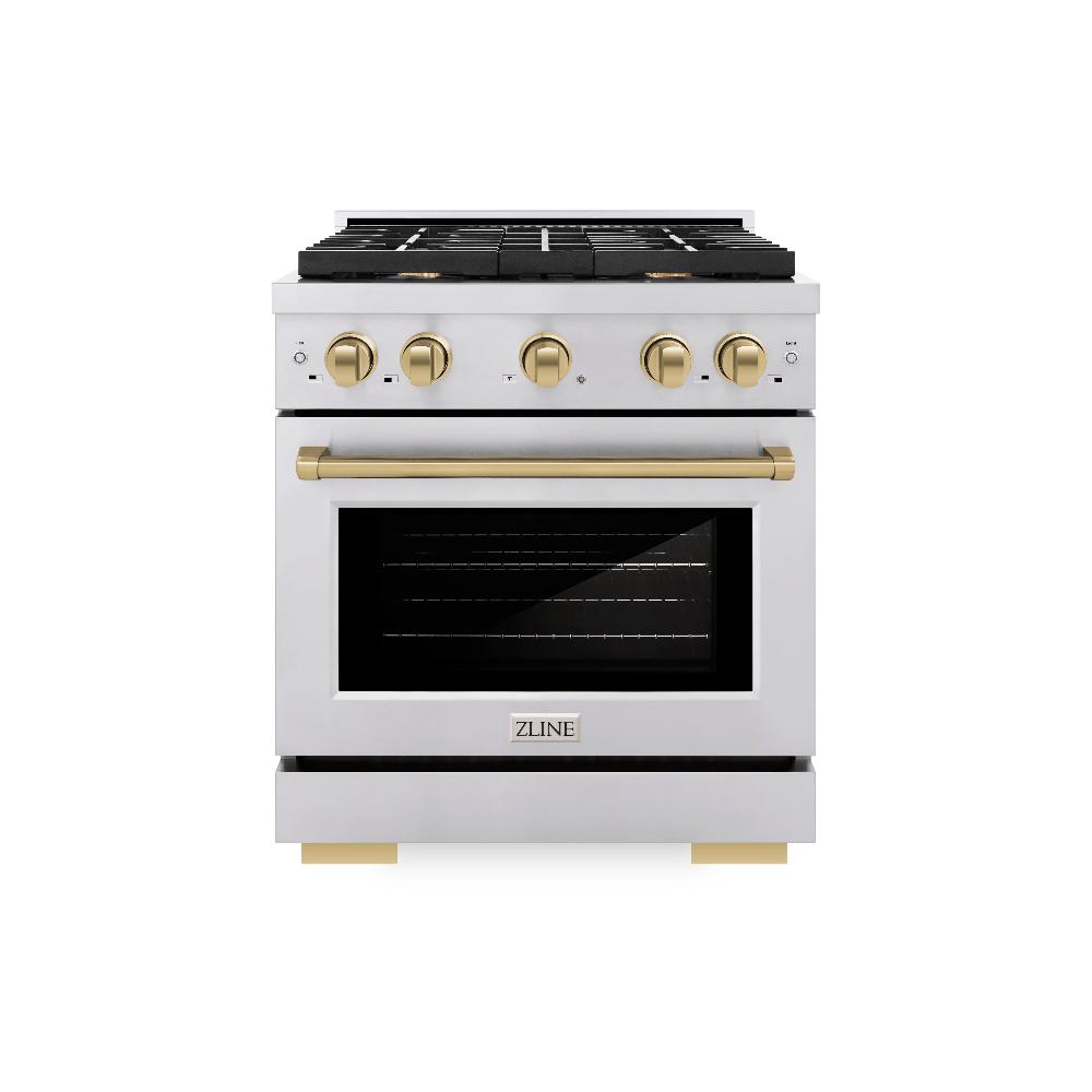 ZLINE Autograph Edition 30-inch 4.2 cu. ft. Dual Fuel Range - Stainless Steel with Champagne Bronze Accents - 4 Burner Gas Cooktop & Electric Convection Oven - Perfect for Modern Kitchens & Professional Cooking (Model SDRZ 30 CB)