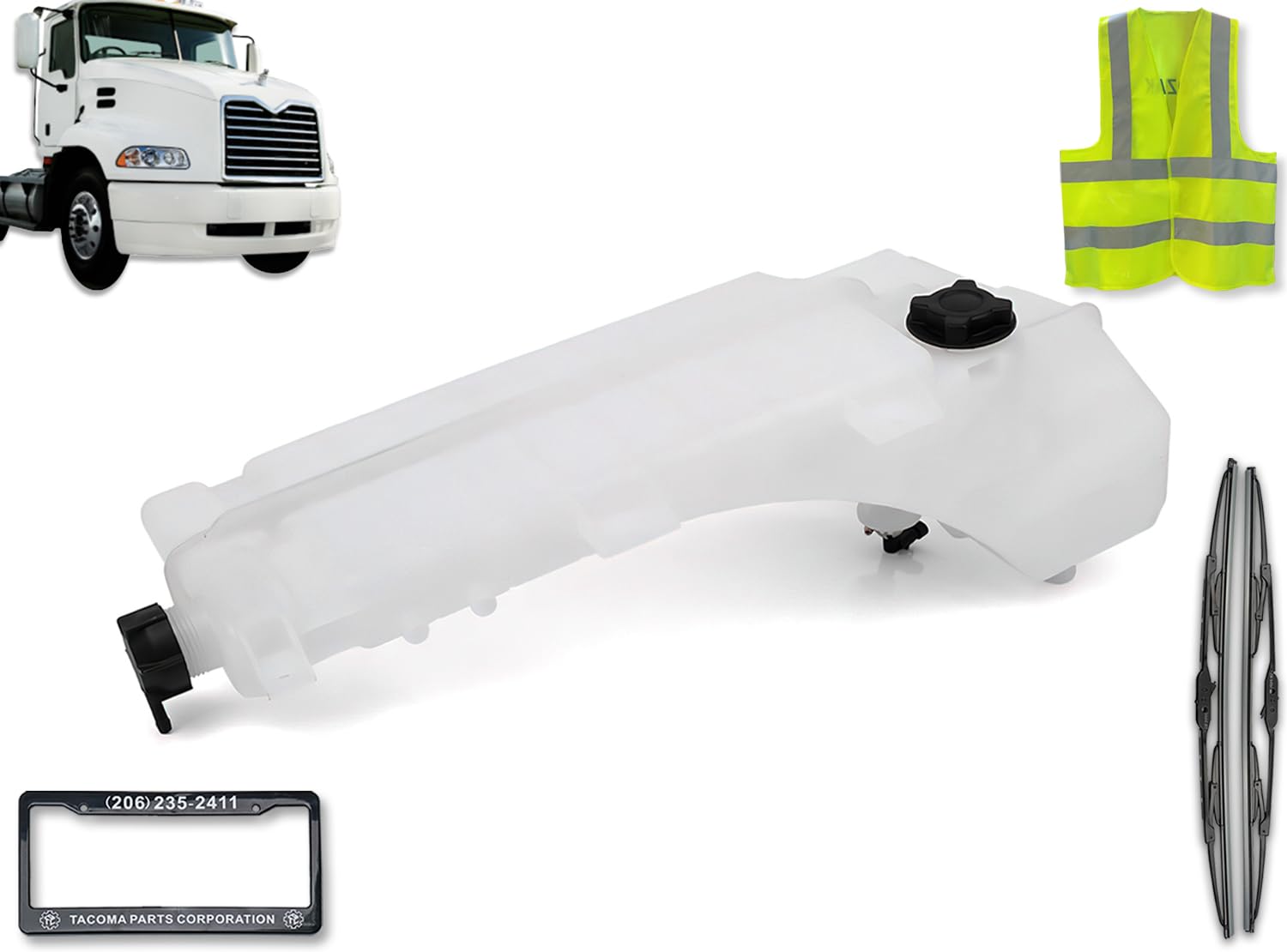 KOZAK Heavy Duty Overflow Coolant Reservoir Tank with Cap & Sensor - Direct Replacement for Mack CXU PLUS (Part# 22564837) - Includes Wipers, License Plate Frame & Safety Vest - Perfect for Truck Maintenance & Fleet Repairs