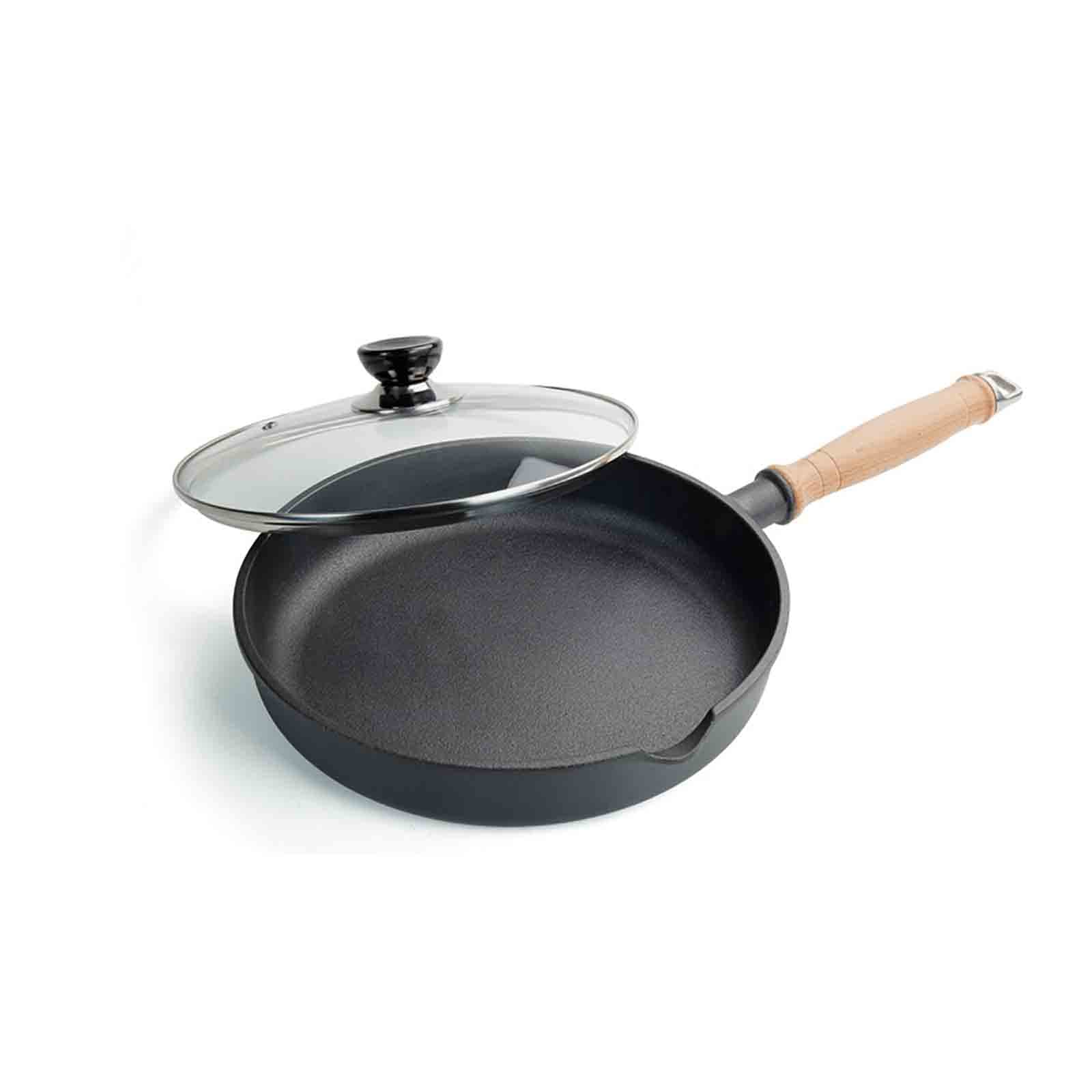 20cm Cast Iron Non-Stick Frying Pan with Glass Lid & Wooden Handle - Induction Compatible Skillet for Gas, Electric & Ceramic Cooktops - Perfect for Searing, Frying & Sauteing in Home Kitchen
