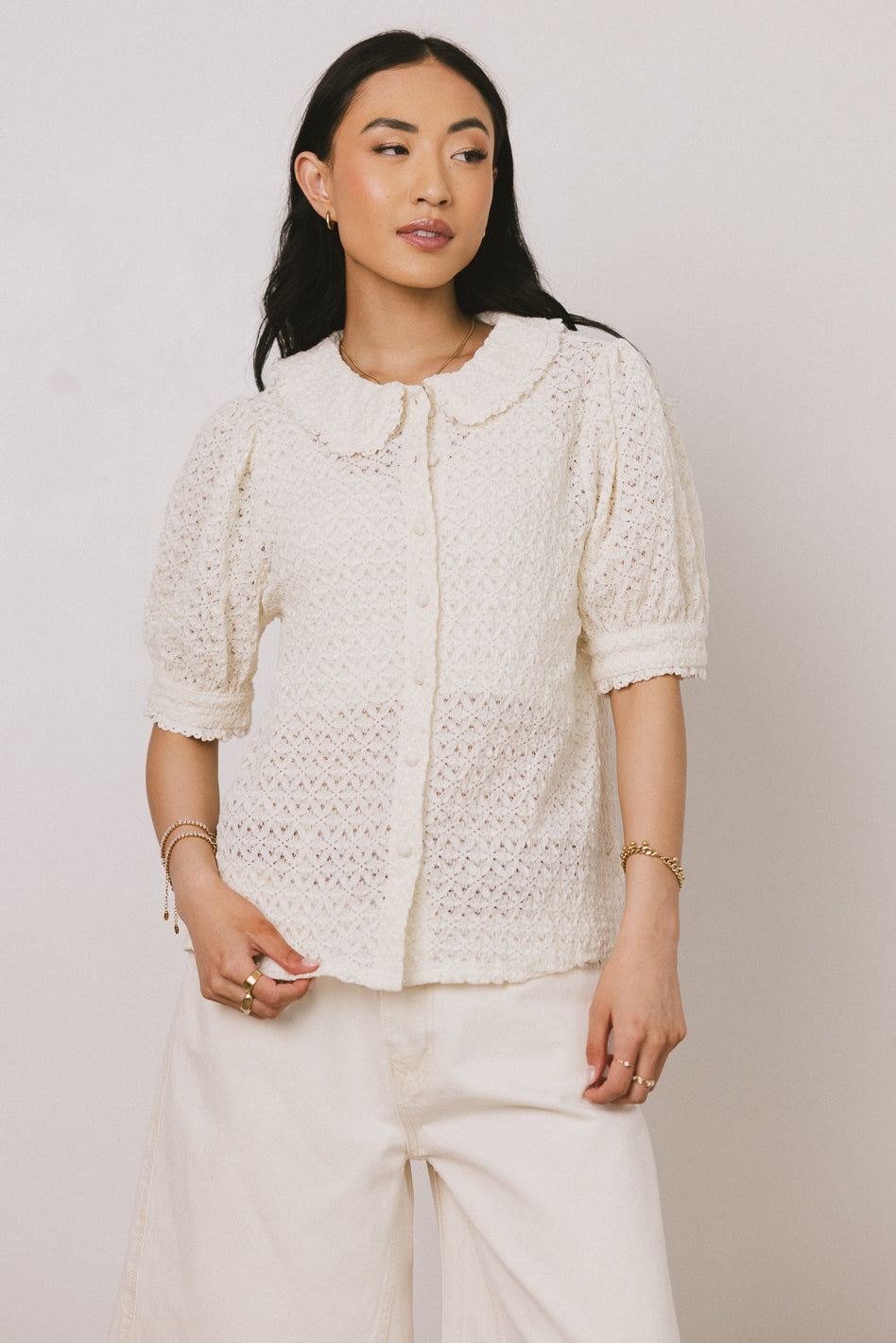 Lyla Collared Lace Top in Ivory - Elegant Women's Blouse for Casual & Party Wear | Perfect for Dates, Office & Special Occasions