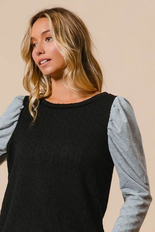 BiBi Cable Knit Sweater Top with Contrast Puff Sleeves | Women's Casual Winter Pullover | Perfect for Office, Date Night & Holiday Outfits