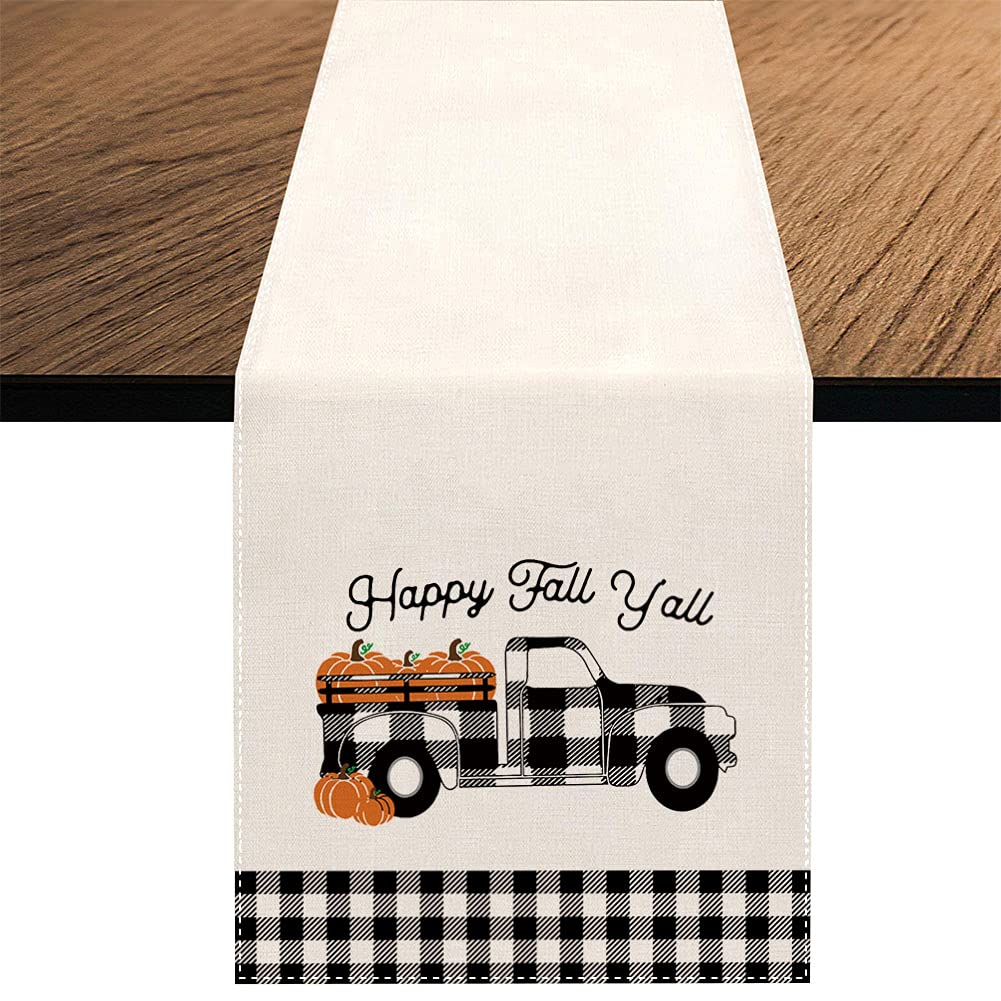 Autumn Pumpkin Truck Table Runner - 13x70 Inch Buffalo Plaid Seasonal Decor for Thanksgiving, Christmas & Fall Home Parties - Perfect for Dining Table, Kitchen Decor & Holiday Gatherings