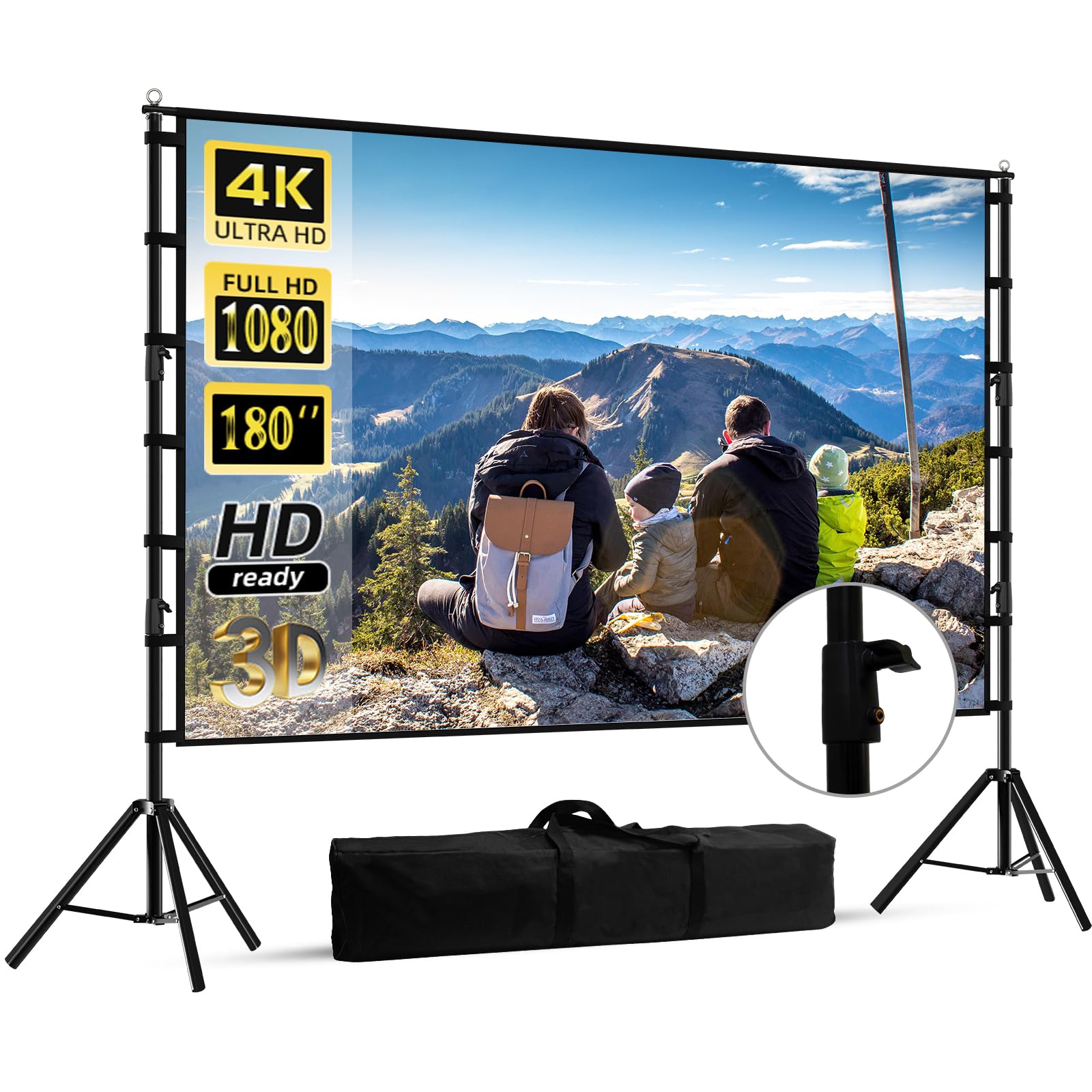 180 Inch Portable Projector Screen with Stand - 16:9 4K HD Outdoor/Indoor Movie Screen for Home Theater, Backyard Movie Nights, Schools, Churches & Parties - Includes Carry Bag (HUANYINGBJB)