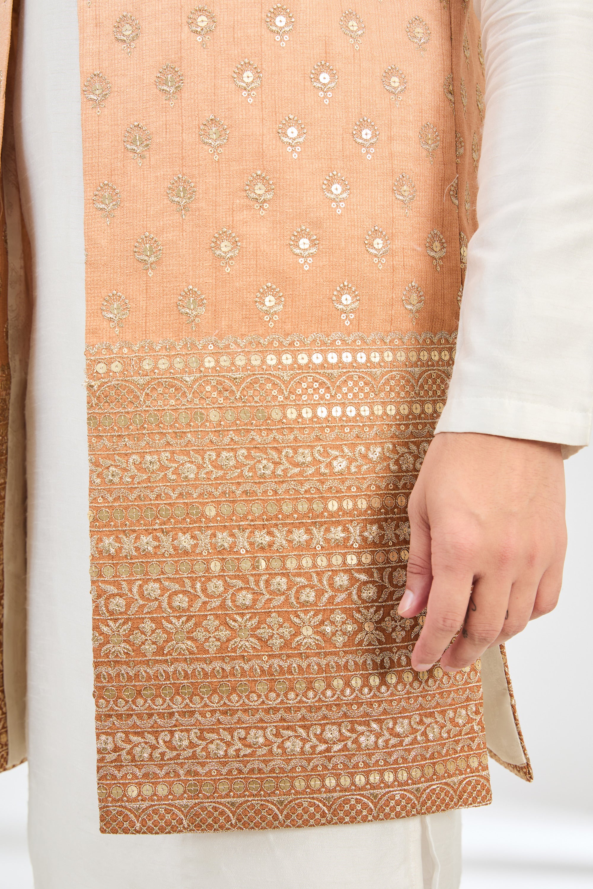 Coral Peach Ombre Long Open Shrug with Zari Embroidery - Elegant Cover-Up for Weddings, Parties & Evening Events