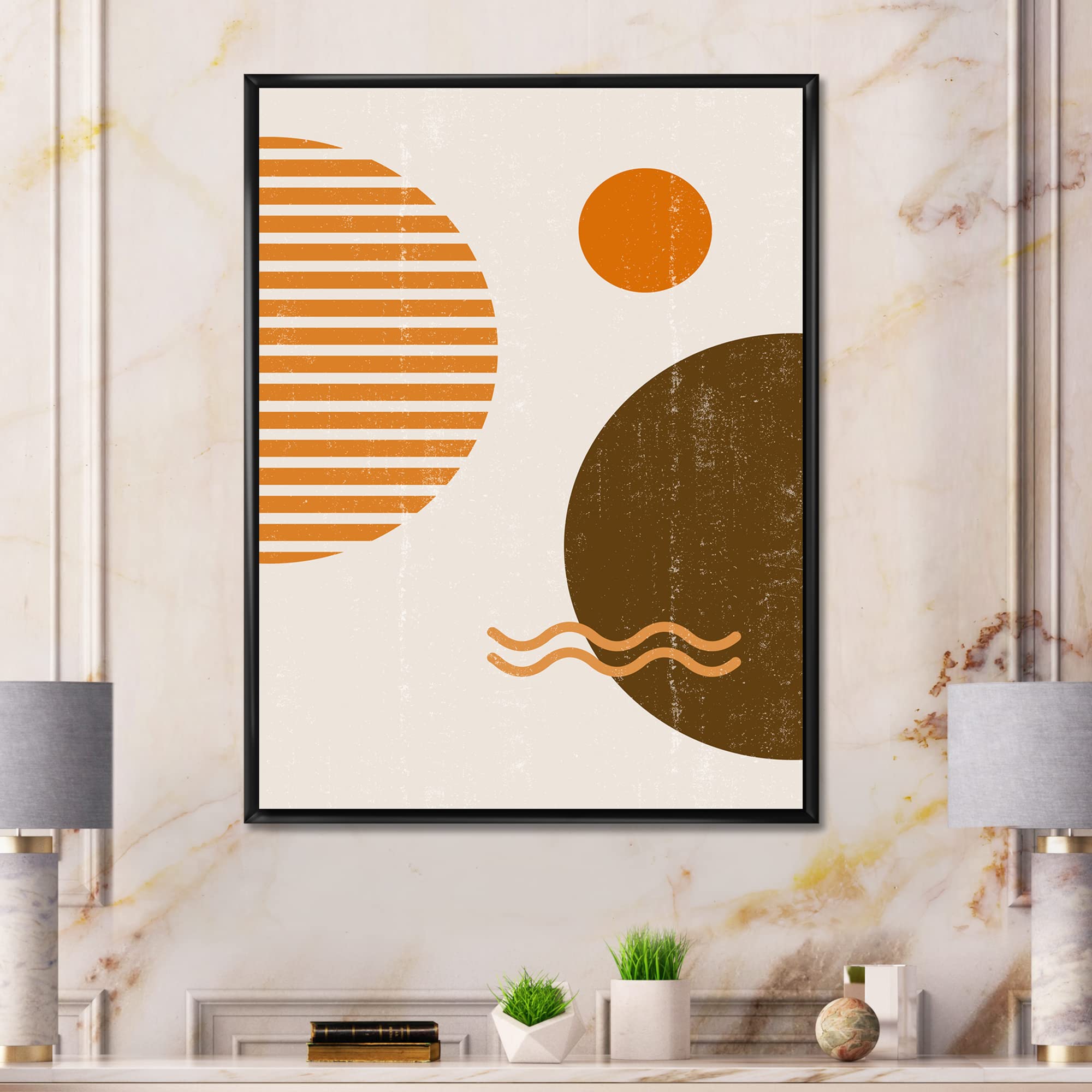 Abstract Minimal Sun and Moon Wall Art - Earth Tone Framed Canvas Print for Living Room & Bedroom Decor | Modern Home & Office Wall Decor