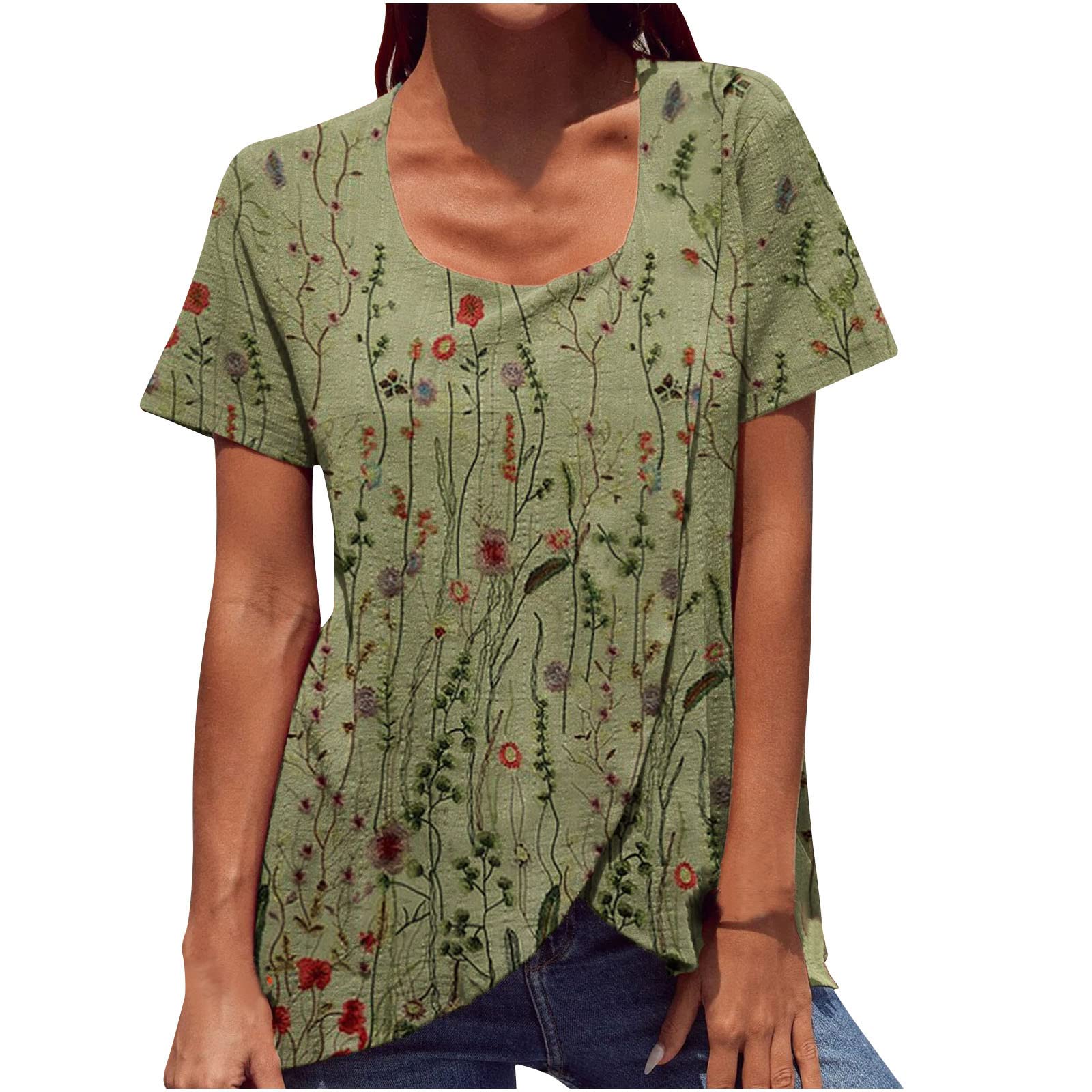 Women's Summer Floral Printed Round Neck Short Sleeve T-Shirt - Casual Cross Irregularity Blouse for Beach, Vacation & Everyday Wear