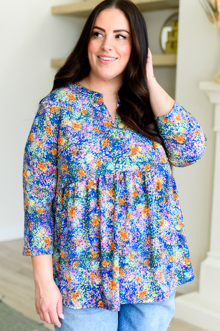 Lizzy Babydoll Top - Royal Multi Fireworks Print Women's Fashion Blouse | Perfect for Date Night, Party Wear & Casual Outfits