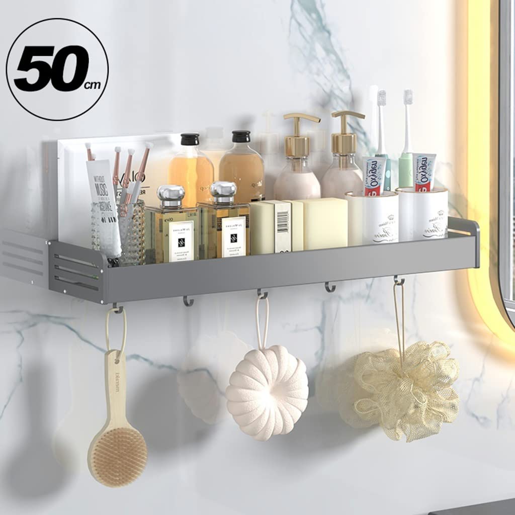 Rustproof Aluminum Alloy Shower Caddy with Hooks - 50cm Bathroom Shelf Organizer for Shampoo, Conditioner & Toiletries | Space-Saving Storage for Showers, Bathrooms & Dorm Rooms (Gray)