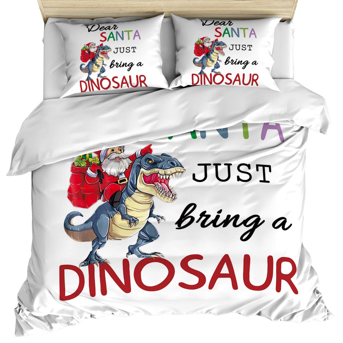 Christmas Santa Claus Dinosaur Duvet Cover Set 3-Piece Full Size - Vintage Farmhouse Style Ultra Soft Bedding with Corner Ties & Zipper Closure (Includes Duvet Cover + 2 Pillow Shams) - Washed Cotton - Perfect for Holiday Decor, Kids Room & Cozy Winter Nights