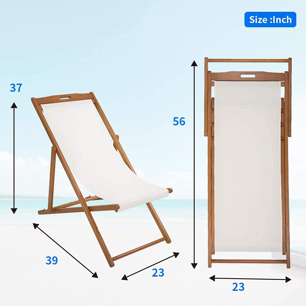 2-Pack Adjustable Reclining Beach Chairs - Portable Folding Lounge Chairs with Solid Eucalyptus Wood Frame & White Polyester Canvas - 3-Level Height Adjustment for Outdoor, Poolside, Camping & Backyard Relaxation