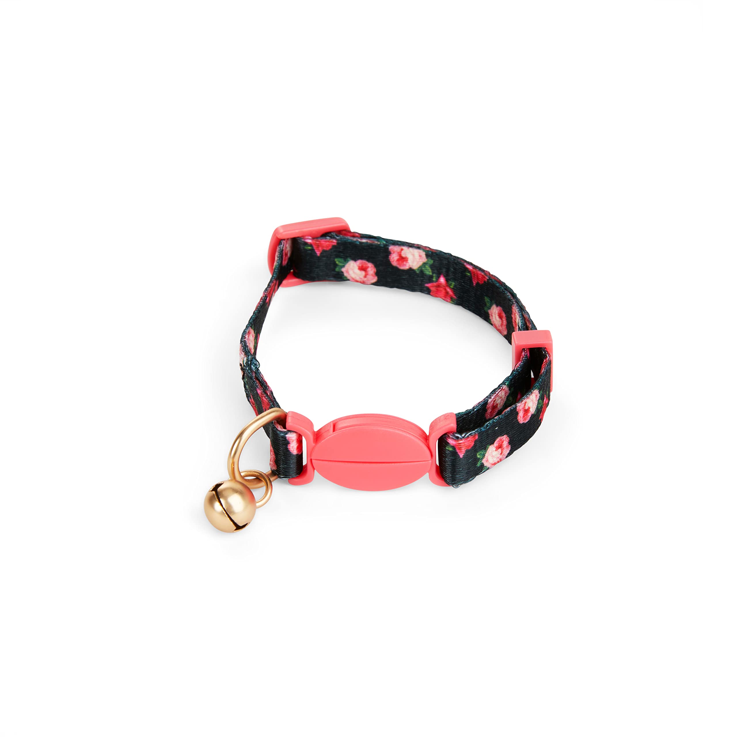 Pink Rose Print Cat Collar with Bell - Adjustable Black Pet Collar for Small to Medium Cats - Perfect for Indoor/Outdoor Safety & Fashion Accessory