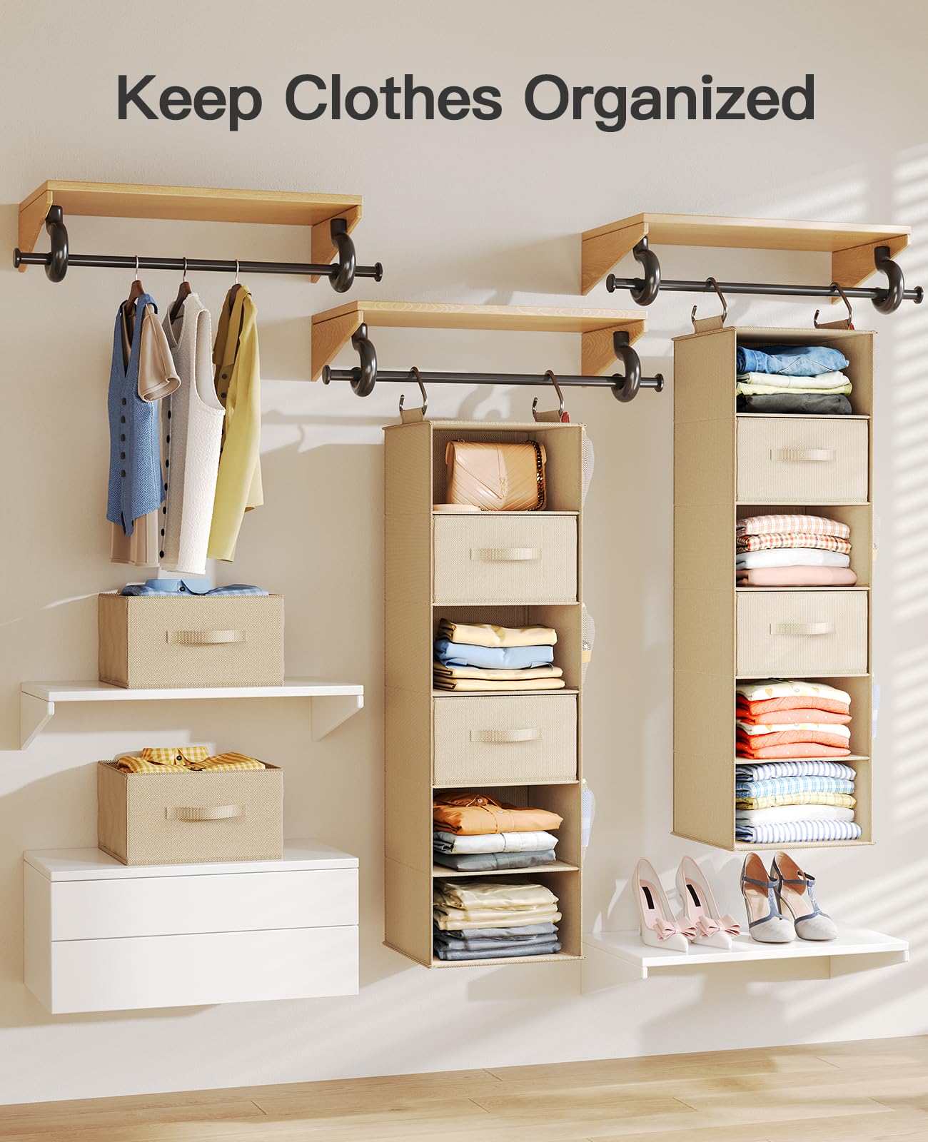 Pipishell 6-Shelf Hanging Closet Organizer with 3 Removable Drawers & Side Pockets - Space Saving Storage for Clothes, Shoes & Accessories - Perfect for Bedroom, Closet or Garment Rack (12