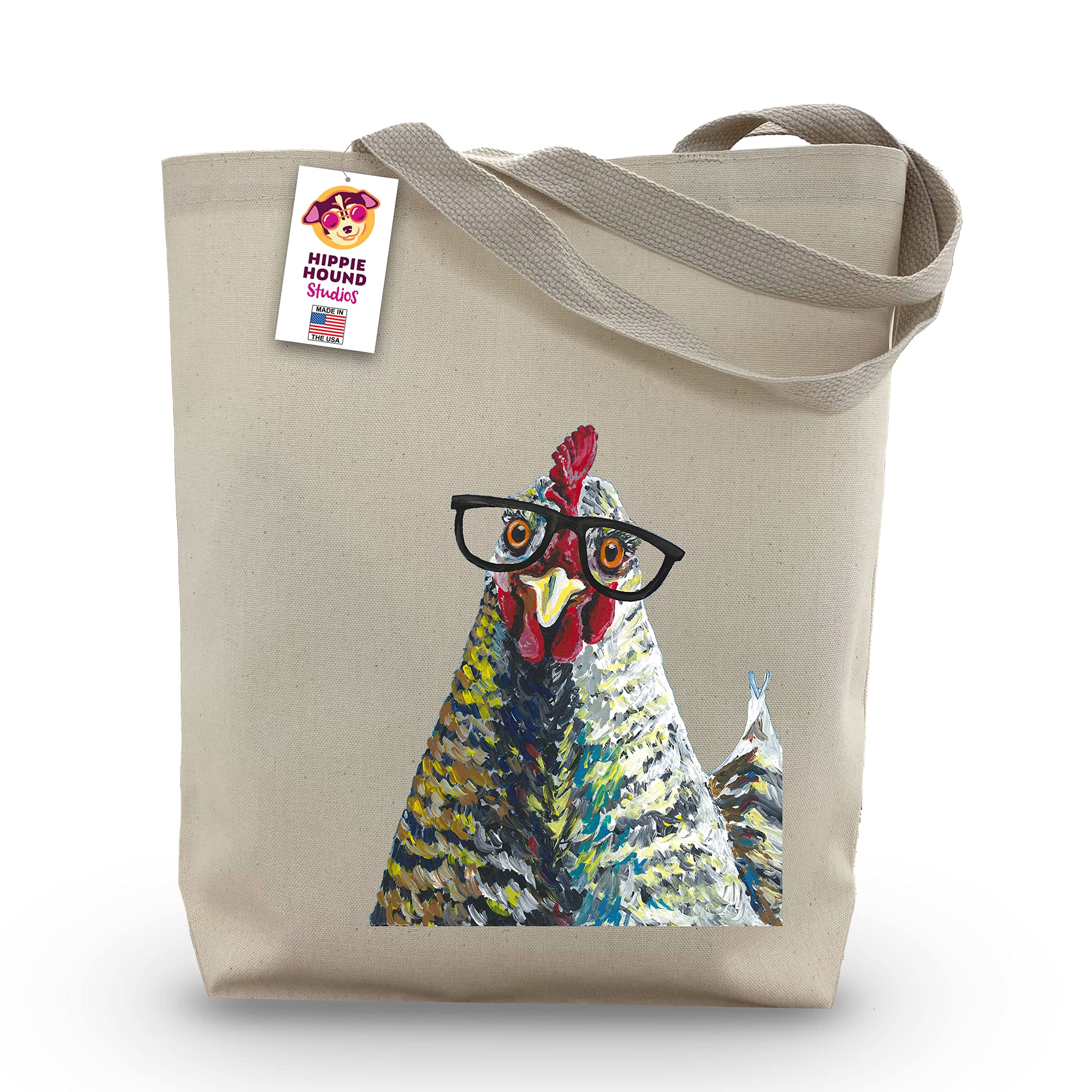 Chicken Tote Bag - Funny Chicken with Glasses Design - Handmade Canvas Reusable Shopping Bag - Perfect Gift for Chicken Lovers & Mom - Durable Grocery & Beach Tote - Great for Shopping, Farmers Market, Picnics & Beach Outings