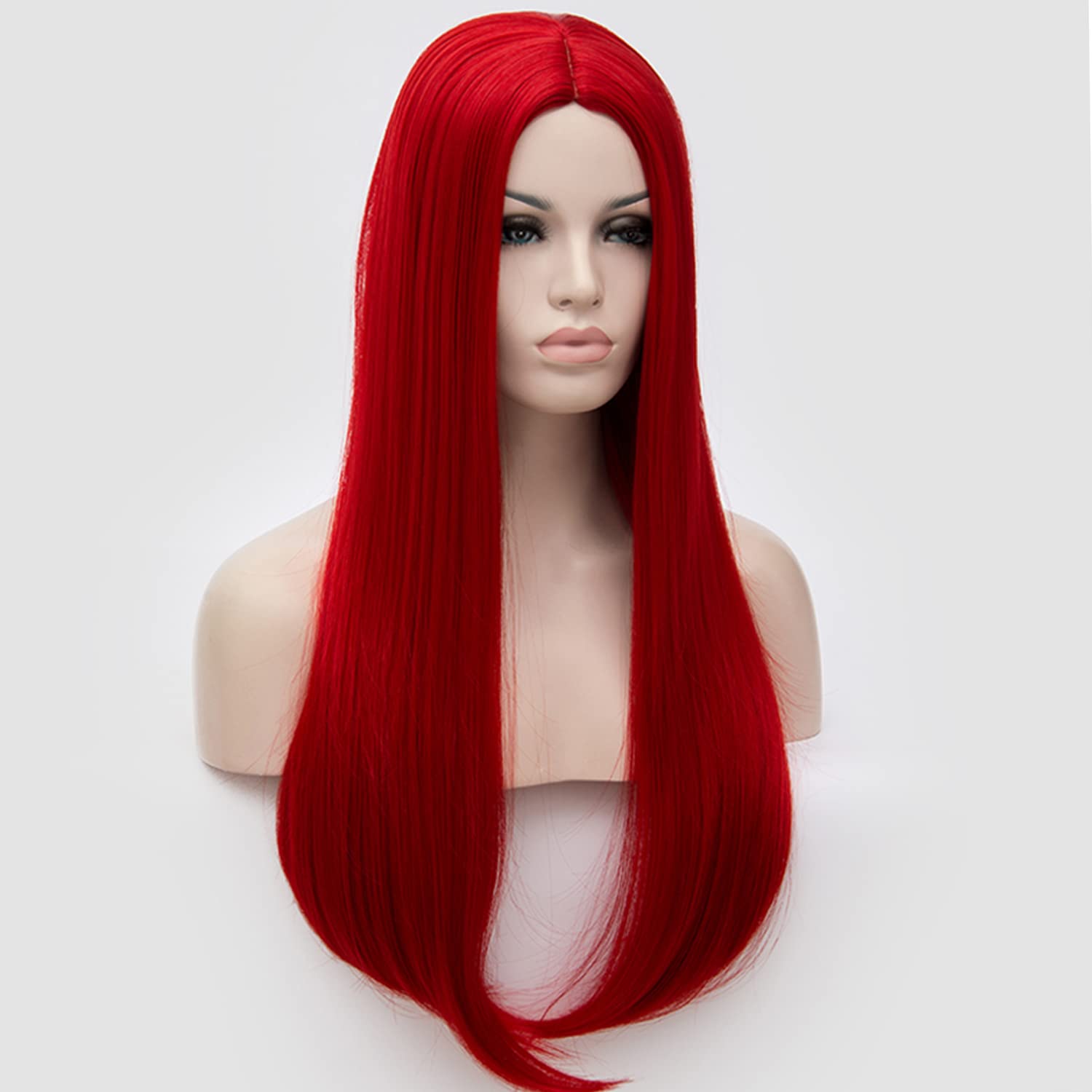 BERON 27 Inches Long Straight Synthetic Wig for Women - Vibrant Neon Red Heat Resistant Hairpiece with Adjustable Wig Cap - Perfect for Cosplay, Halloween, Parties & Daily Wear