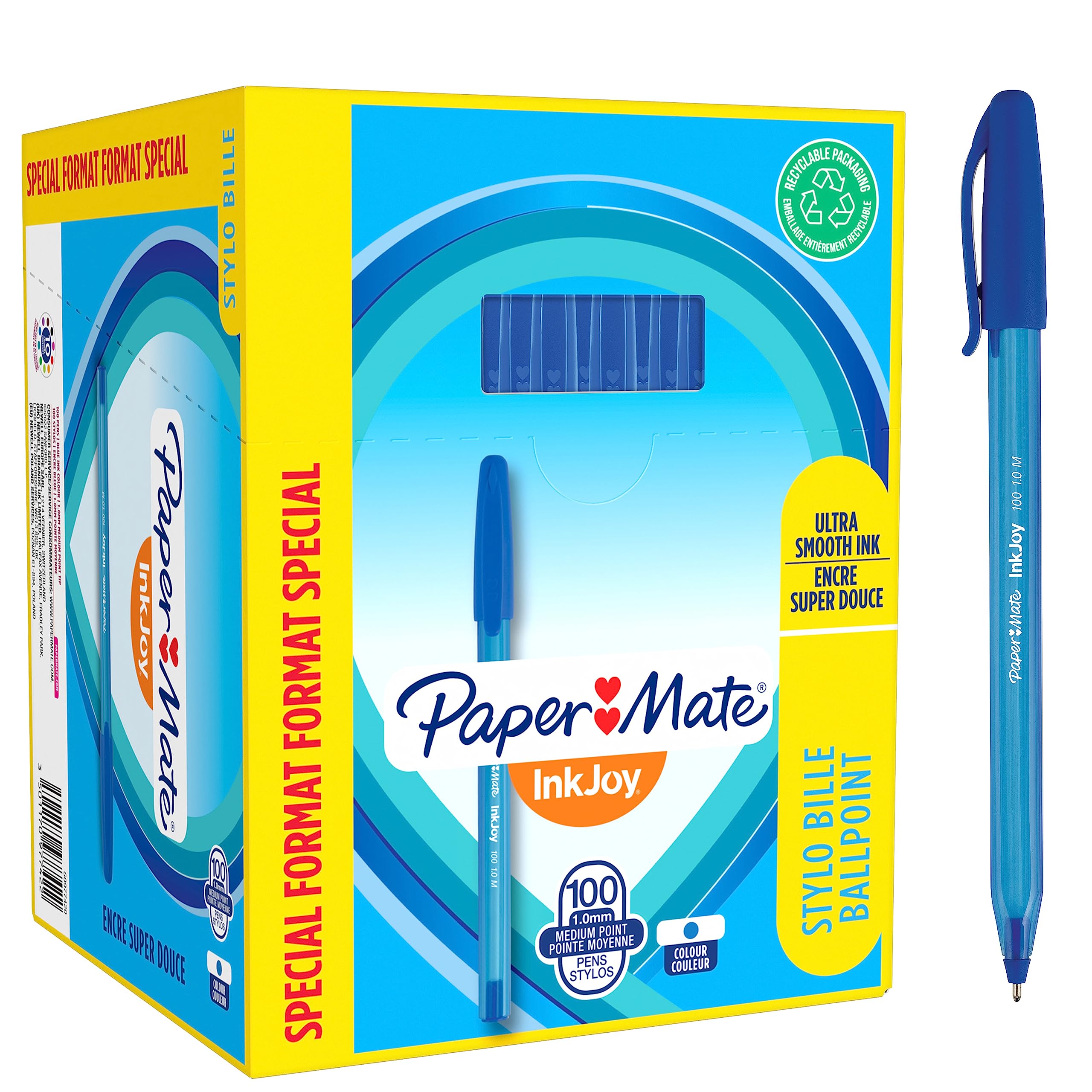 Paper Mate InkJoy 100ST Medium Point Ballpoint Pens (1.0mm) - 100 Count Pack of Blue Pens for Office, School, Note Taking & Everyday Writing